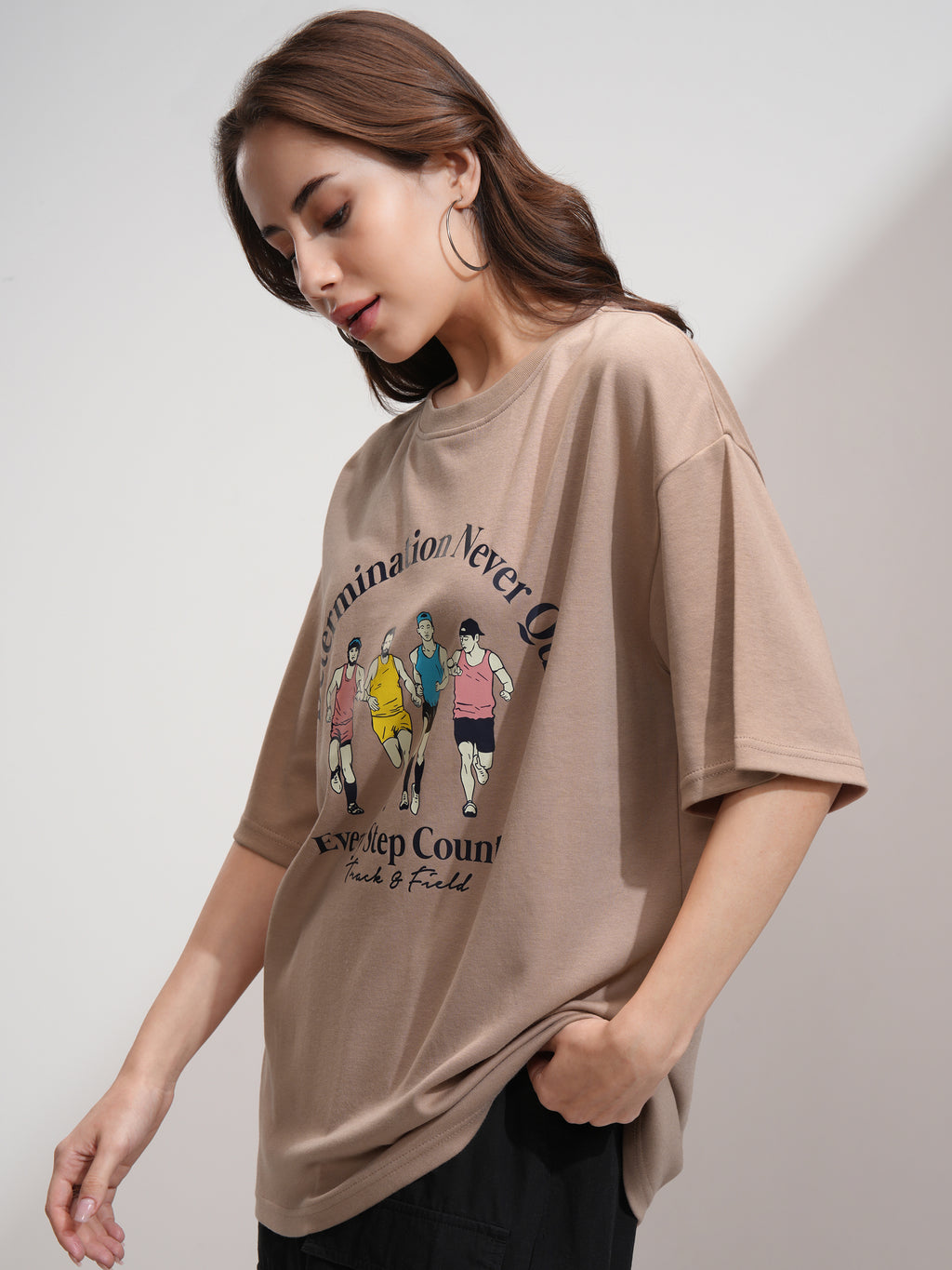 Tokyo Talkies Women Beige Printed Round Neck Oversized Fit T-Shirt - Beige - Image 4