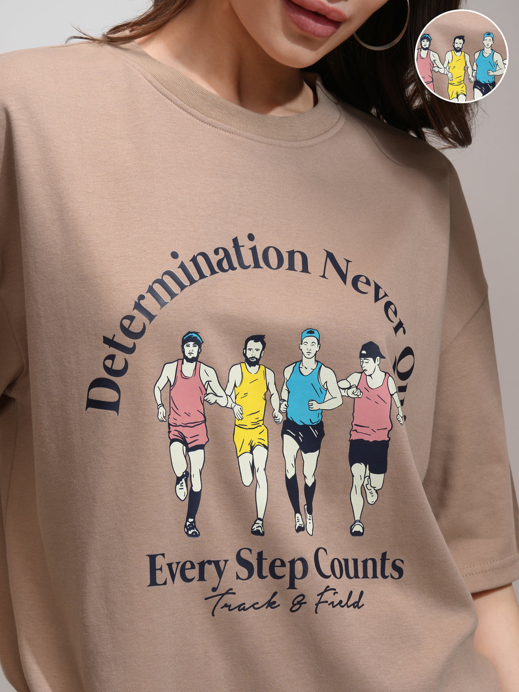 Tokyo Talkies Women Beige Printed Round Neck Oversized Fit T-Shirt - Beige - Image 5