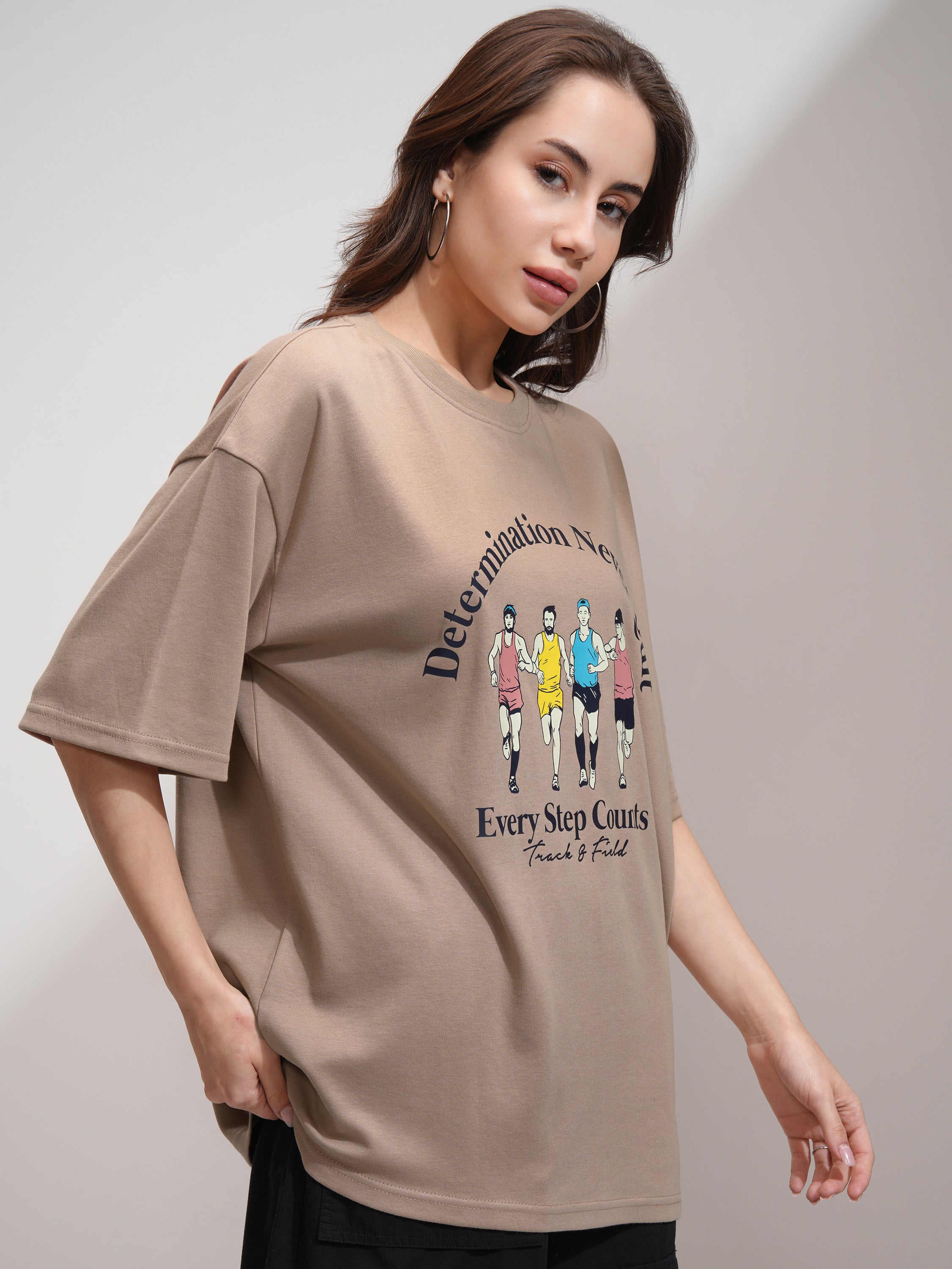 Tokyo Talkies Women Beige Printed Round Neck Oversized Fit T-Shirt - Beige - Image 6