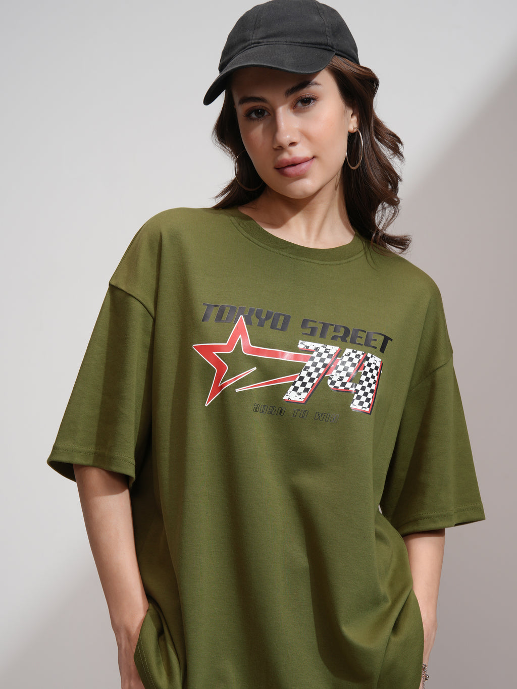 Tokyo Talkies Women Olive Printed Round Neck Oversized Fit T-Shirt - Olive - Image 1
