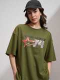 Tokyo Talkies Women Olive Printed Round Neck Oversized Fit T-Shirt - Olive - Image 1