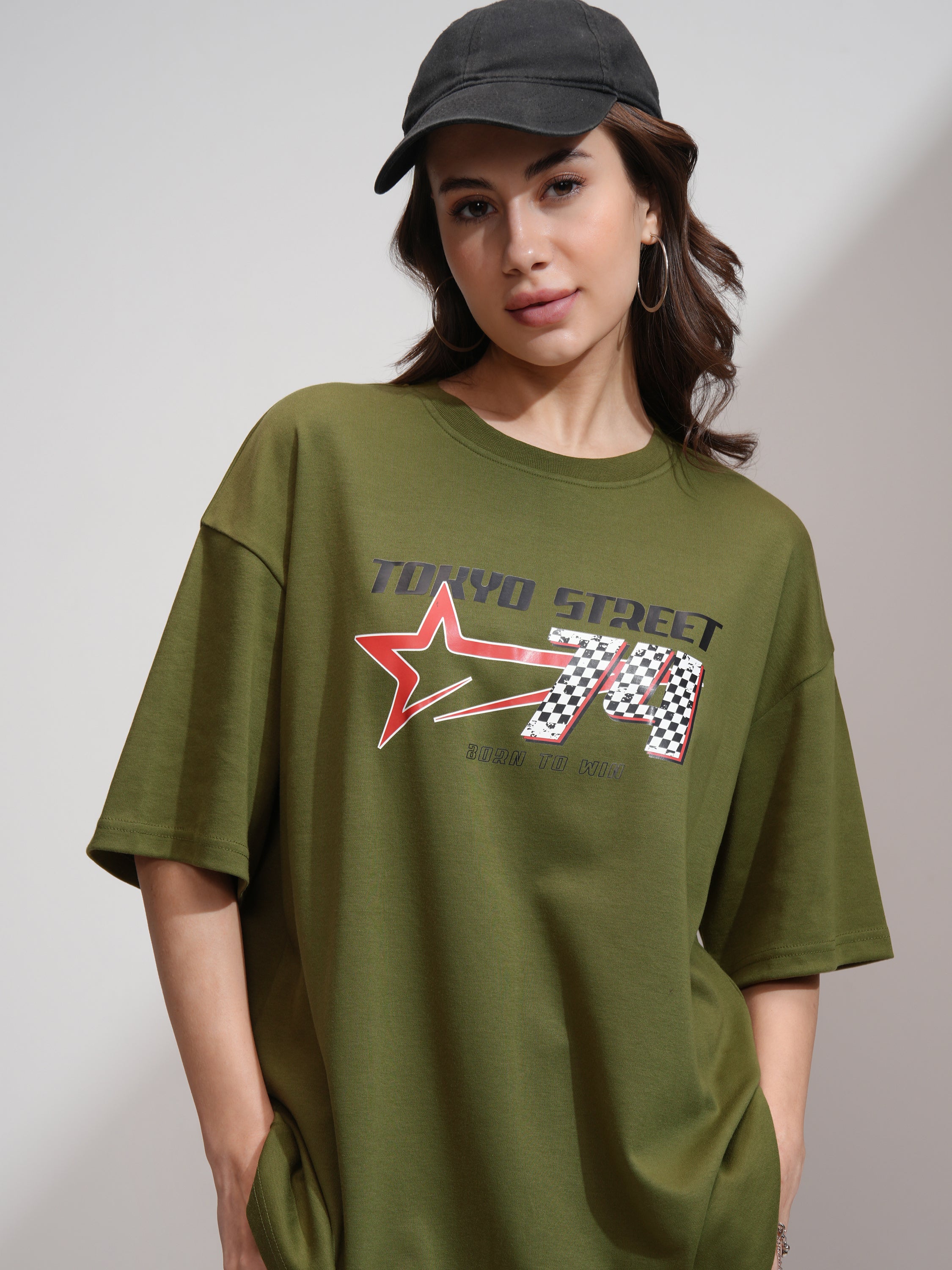 Tokyo Talkies Women Olive Printed Round Neck Oversized Fit T-Shirt - Olive - Image 1