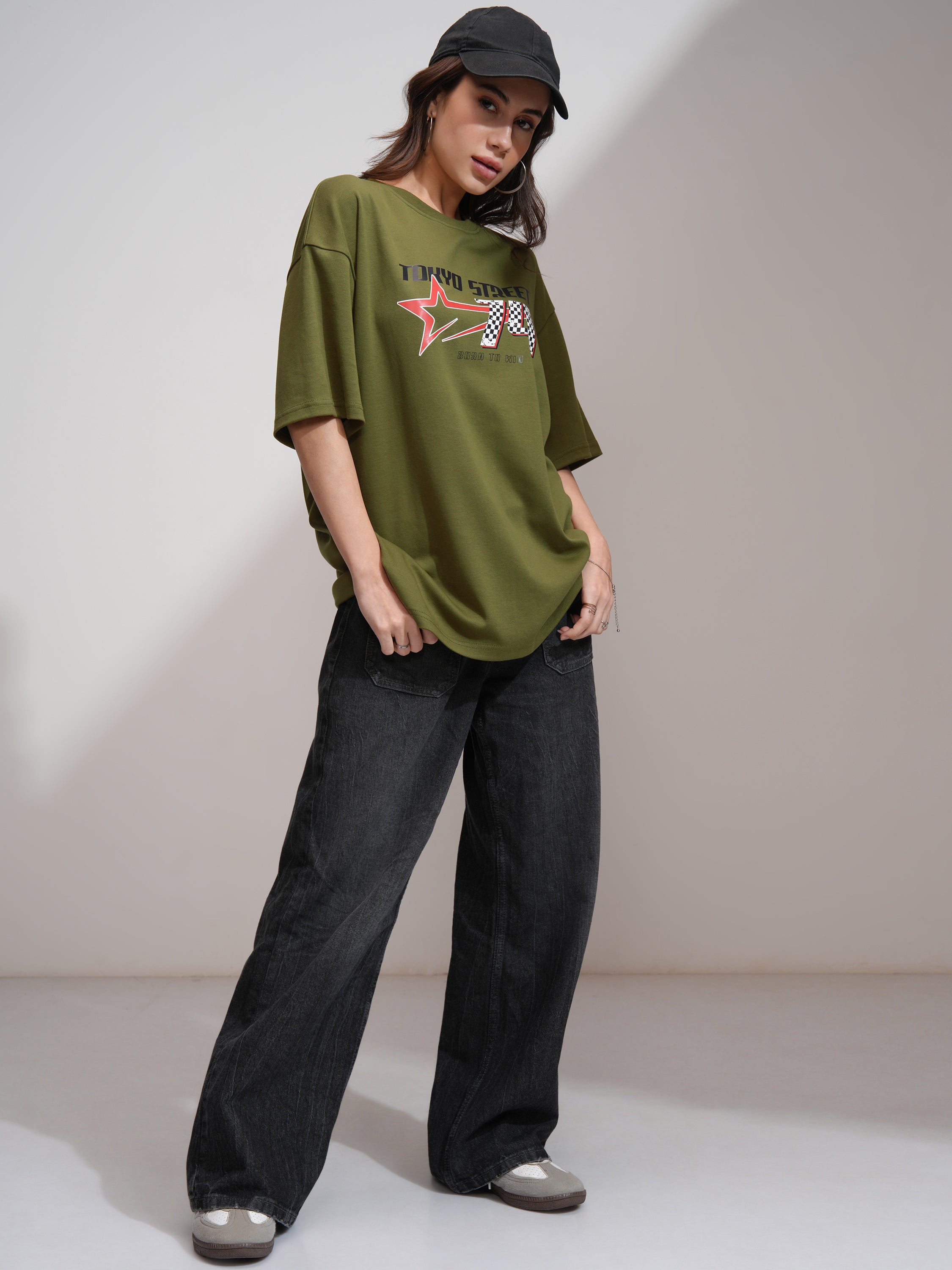 Tokyo Talkies Women Olive Printed Round Neck Oversized Fit T-Shirt - Olive - Image 2