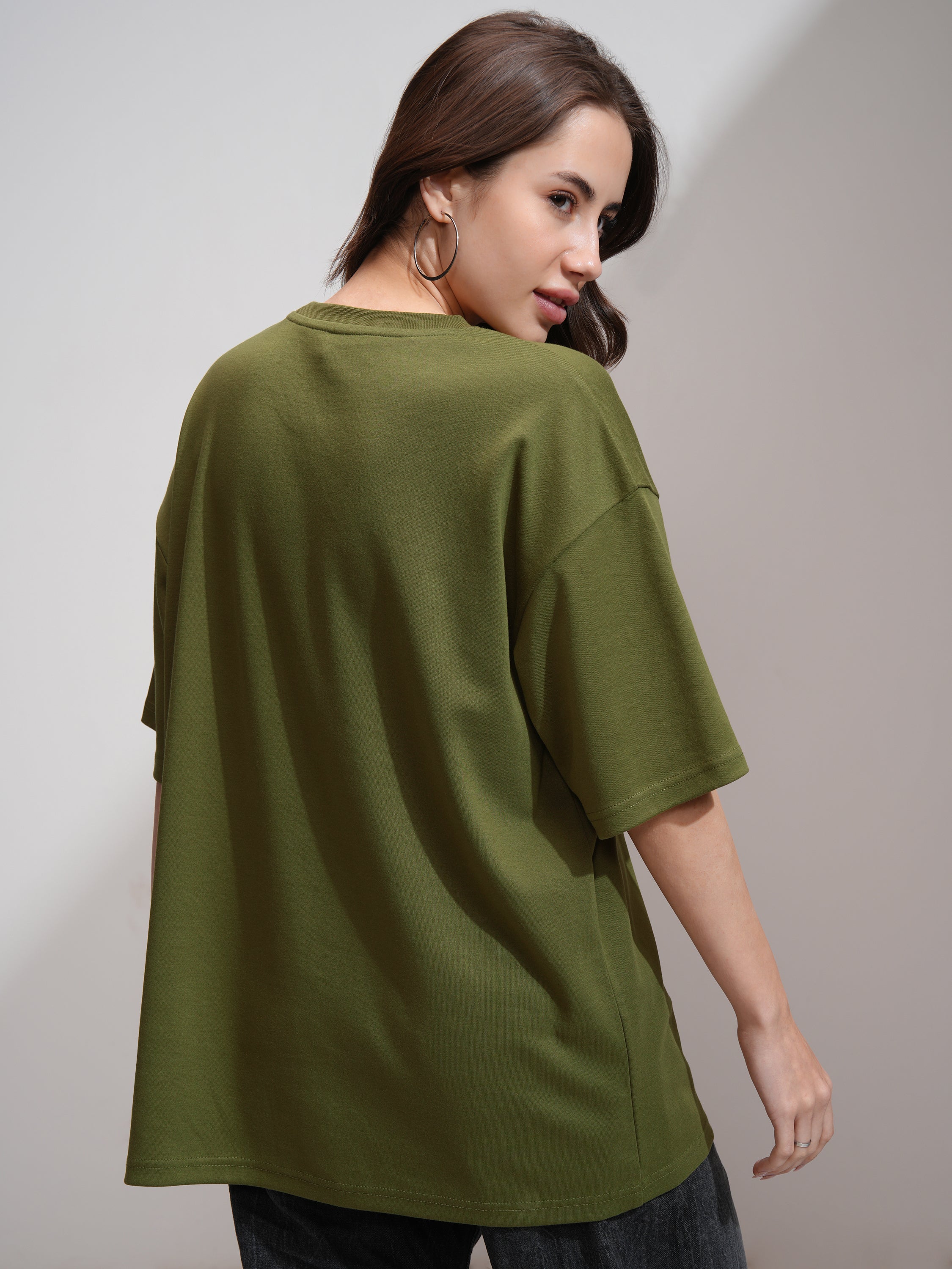 Tokyo Talkies Women Olive Printed Round Neck Oversized Fit T-Shirt - Olive - Image 3