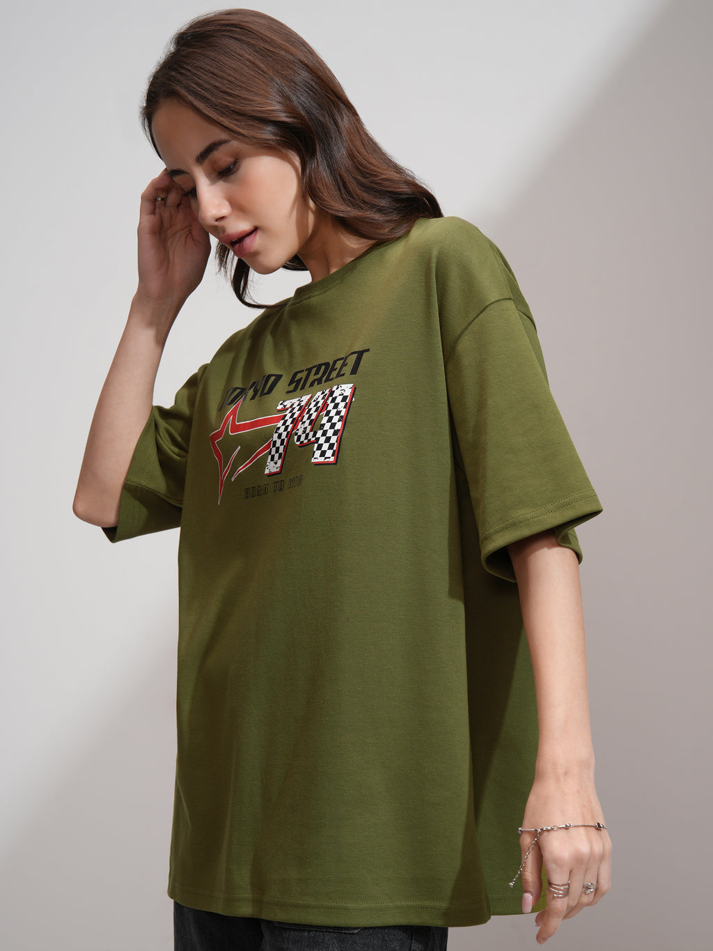 Tokyo Talkies Women Olive Printed Round Neck Oversized Fit T-Shirt - Olive - Image 4