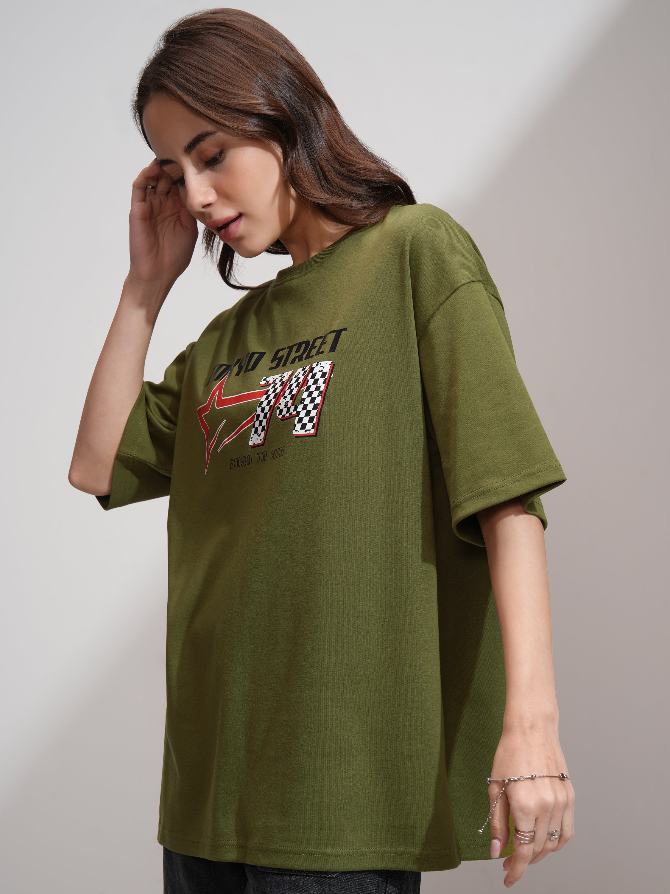 Tokyo Talkies Women Olive Printed Round Neck Oversized Fit T-Shirt - Olive - Image 4