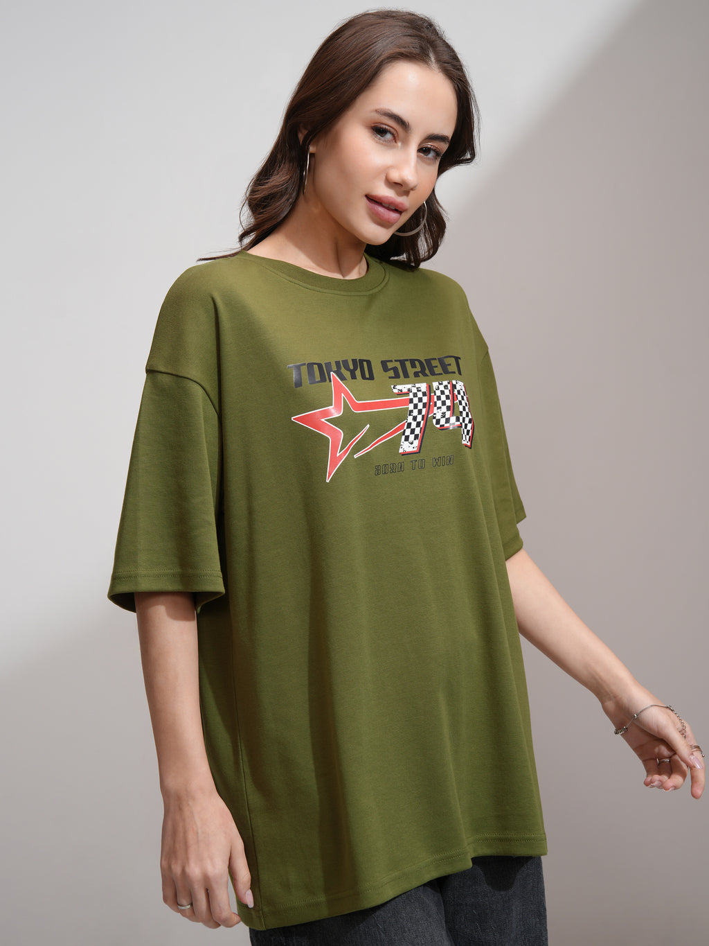 Tokyo Talkies Women Olive Printed Round Neck Oversized Fit T-Shirt - Olive - Image 6