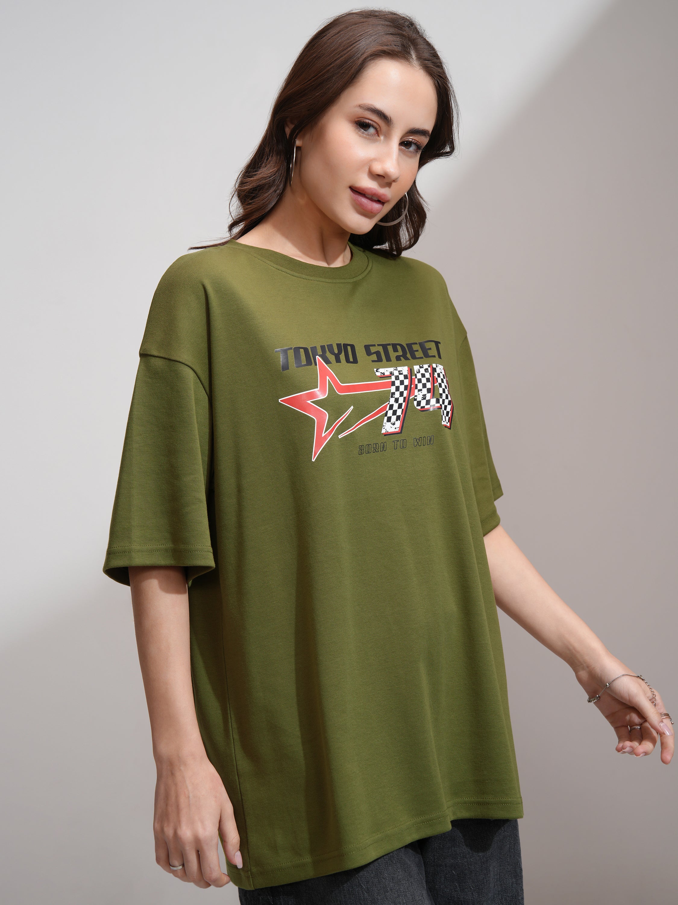 Tokyo Talkies Women Olive Printed Round Neck Oversized Fit T-Shirt - Olive - Image 6