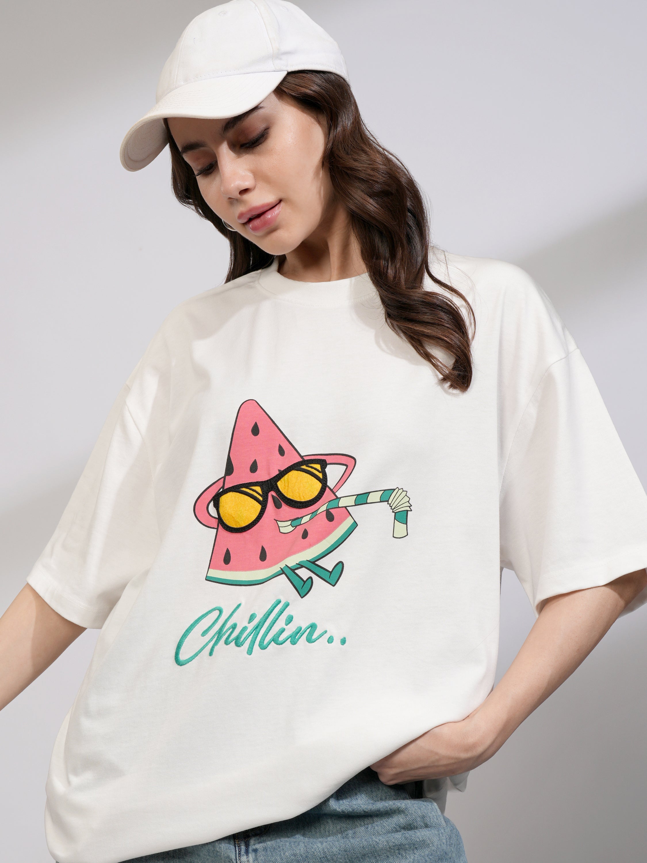 Tokyo Talkies Women White Printed Round Neck Oversized Fit T-Shirt - White - Image 1