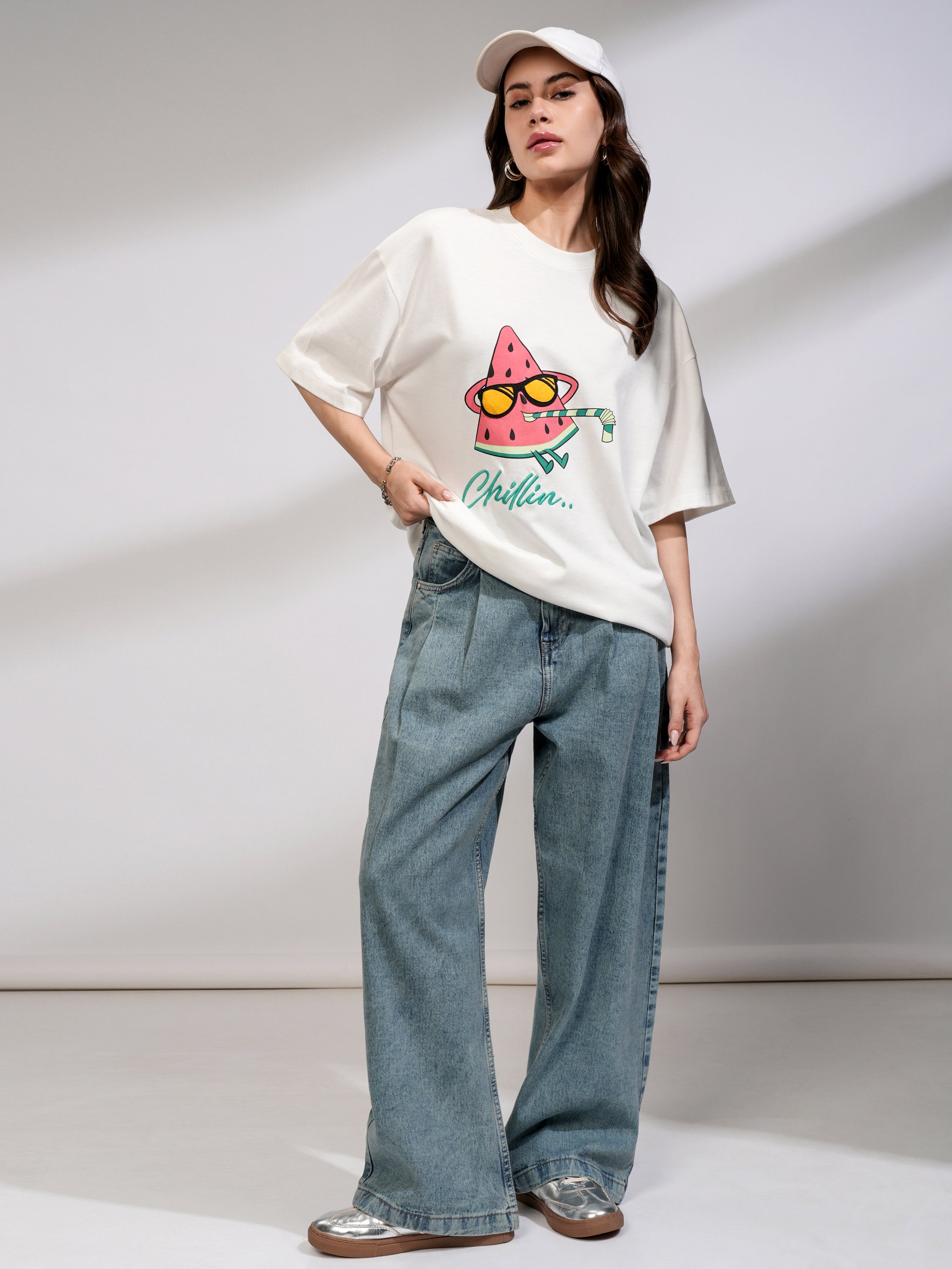 Tokyo Talkies Women White Printed Round Neck Oversized Fit T-Shirt - White - Image 2