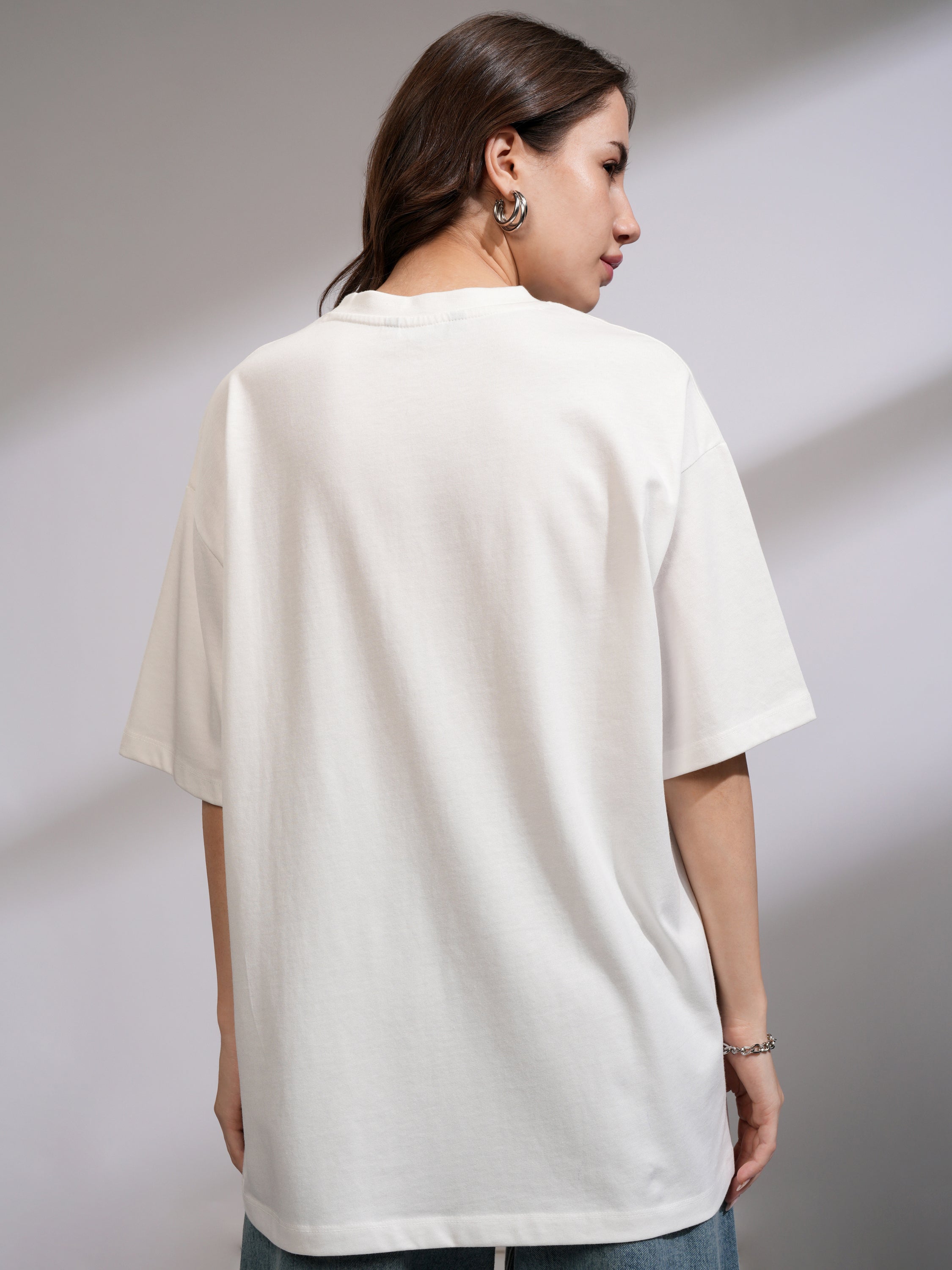 Tokyo Talkies Women White Printed Round Neck Oversized Fit T-Shirt - White - Image 3