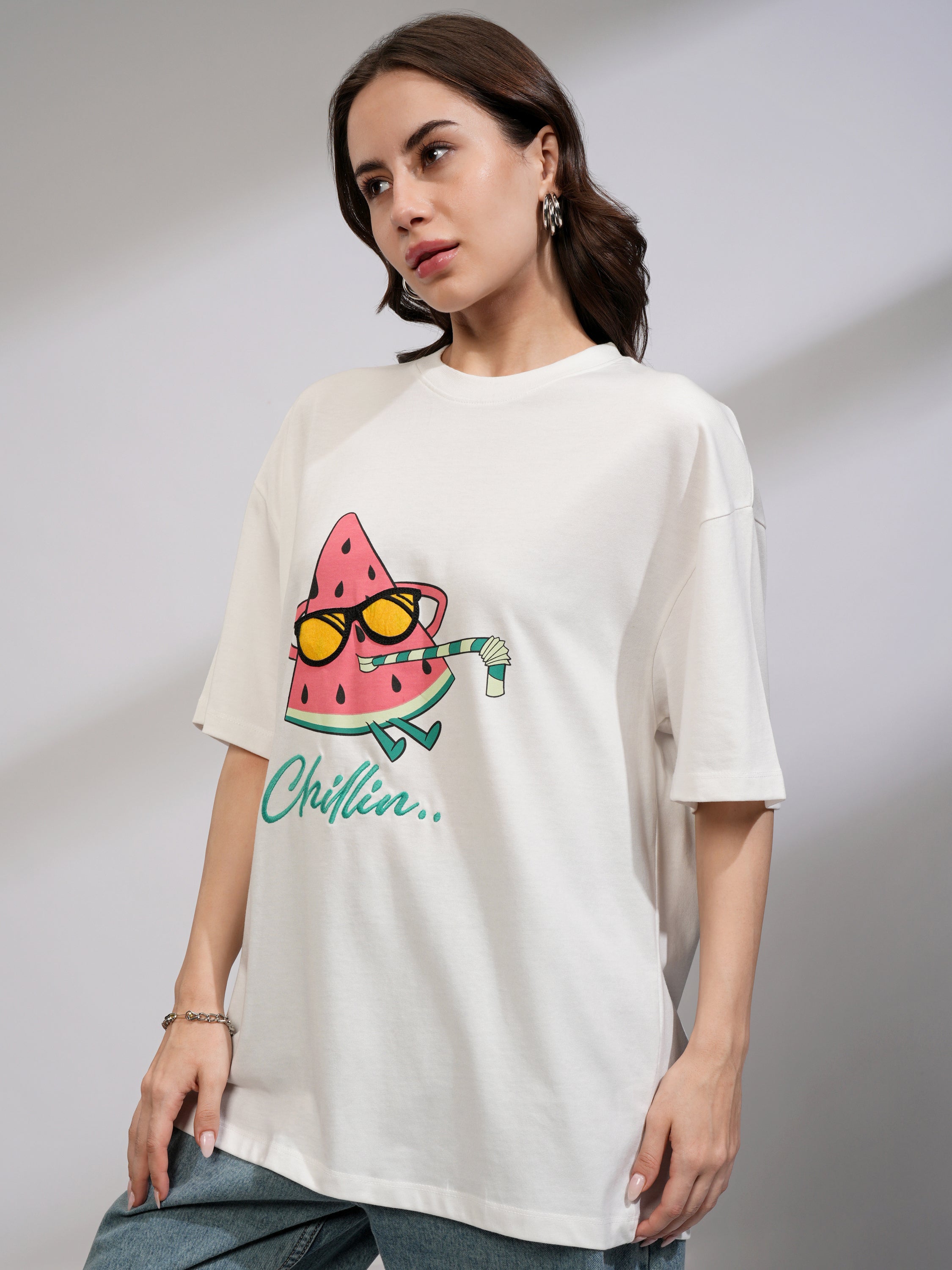 Tokyo Talkies Women White Printed Round Neck Oversized Fit T-Shirt - White - Image 4