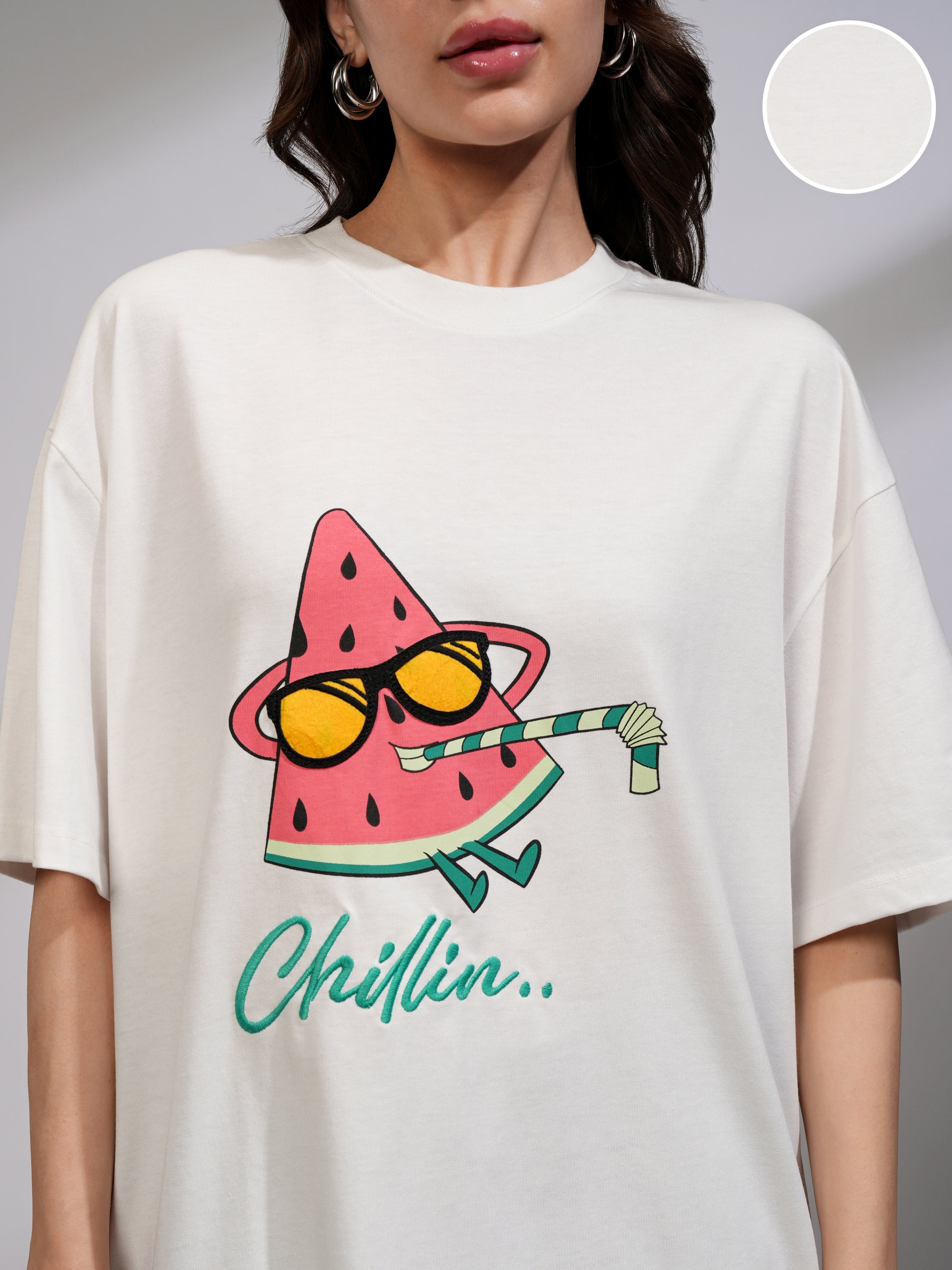 Tokyo Talkies Women White Printed Round Neck Oversized Fit T-Shirt - White - Image 5