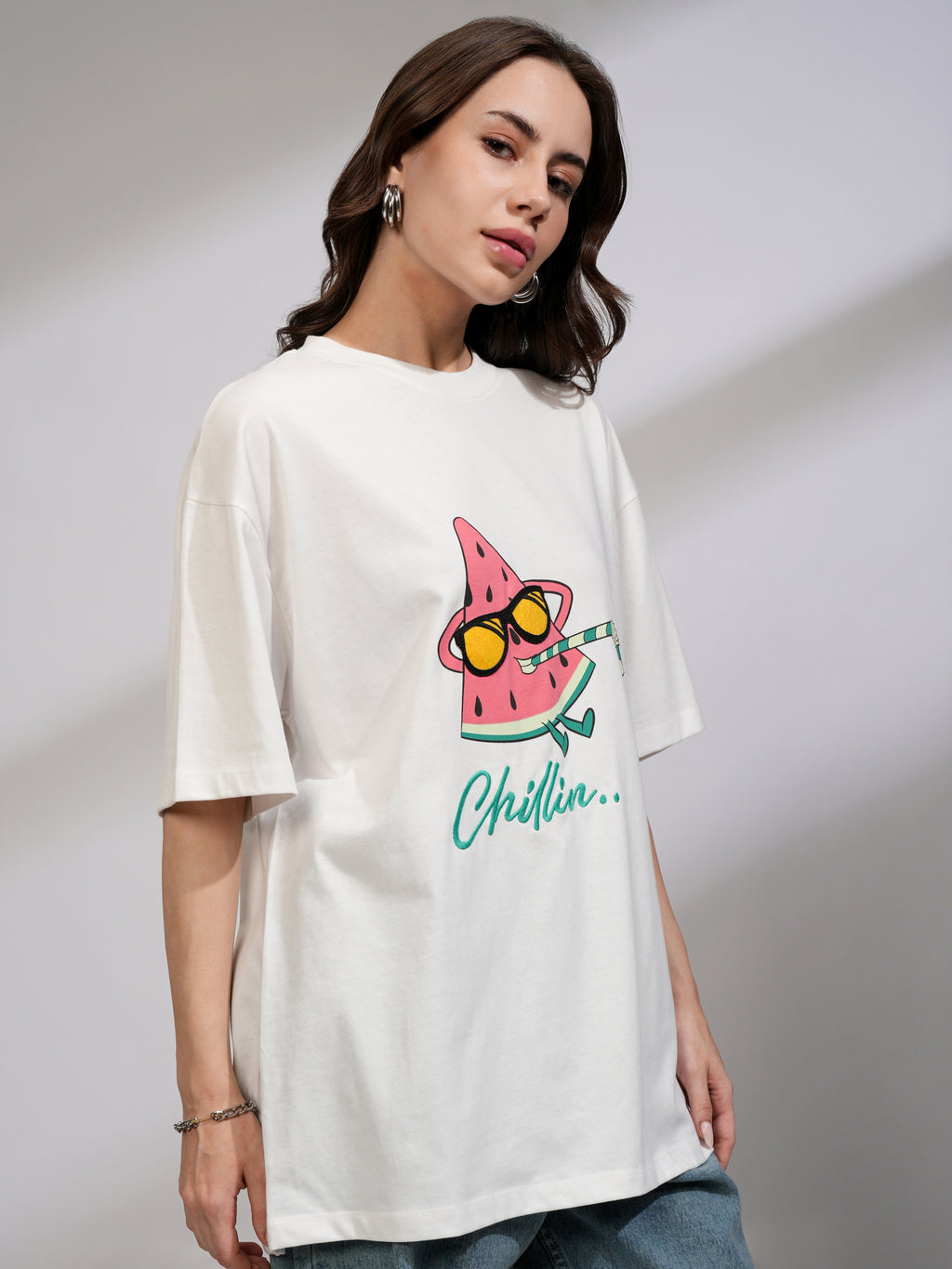 Tokyo Talkies Women White Printed Round Neck Oversized Fit T-Shirt - White - Image 6