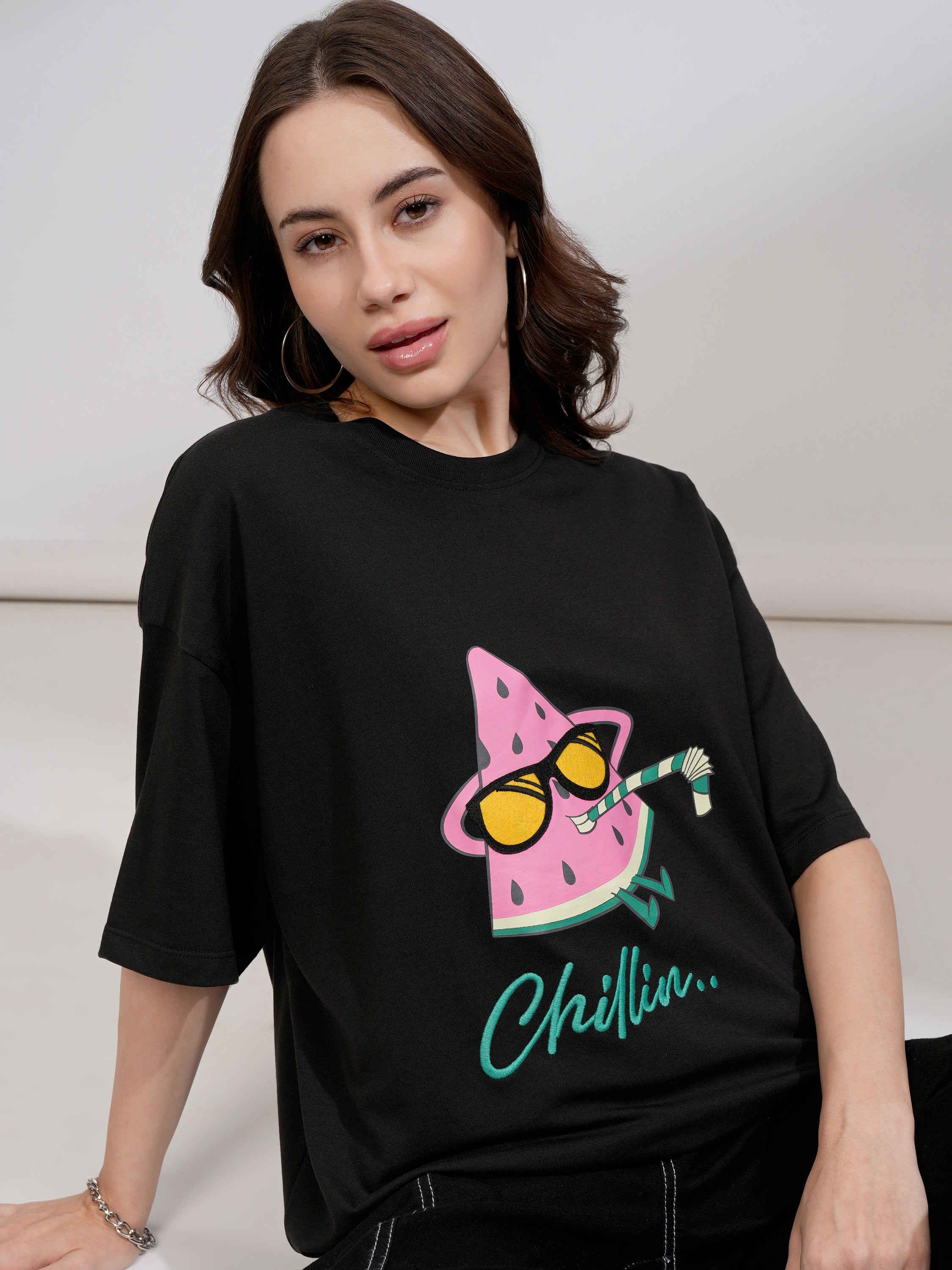 Tokyo Talkies Women Black Printed Round Neck Oversized Fit T-Shirt - Black - Image 1