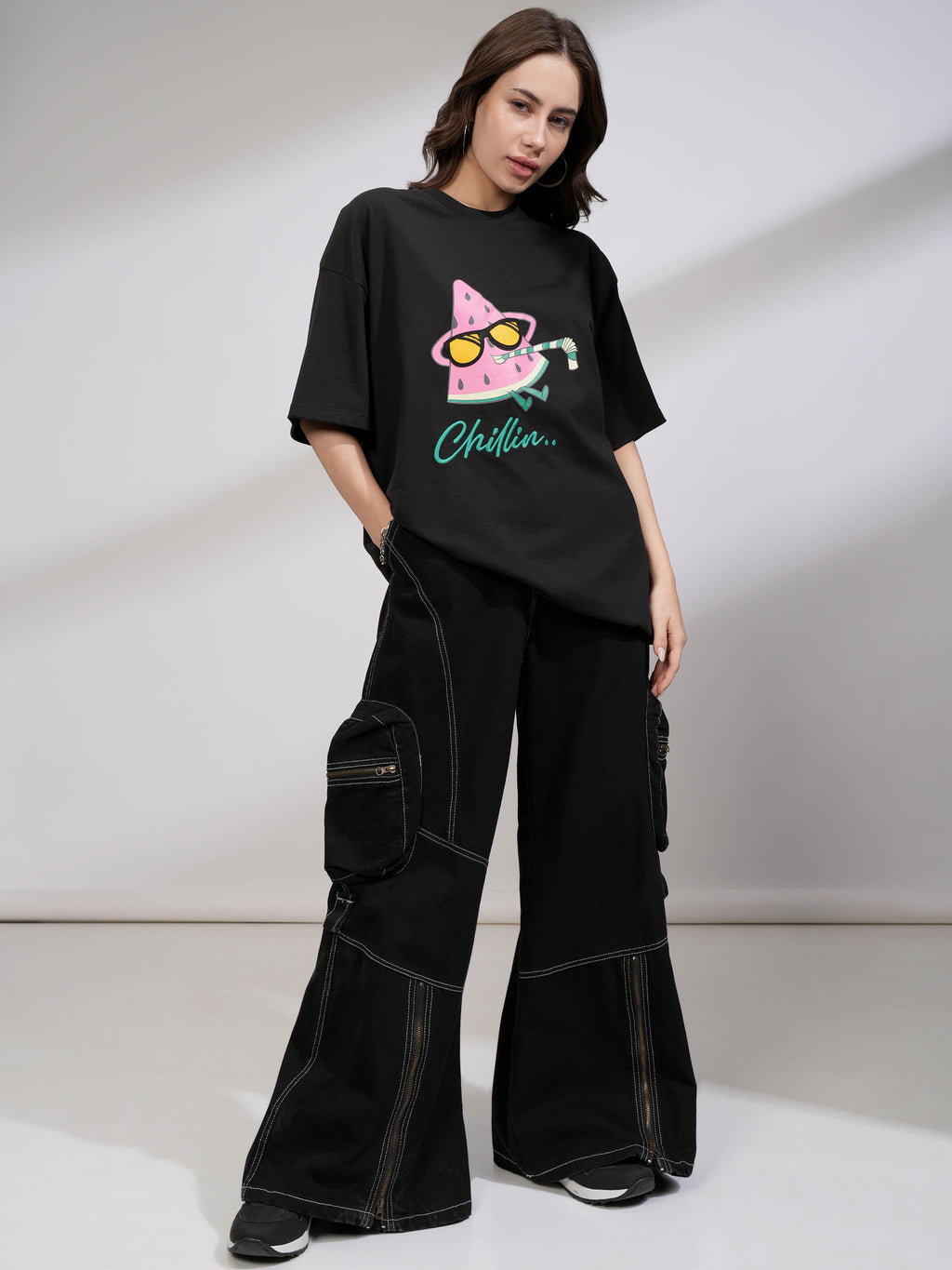 Tokyo Talkies Women Black Printed Round Neck Oversized Fit T-Shirt - Black - Image 2