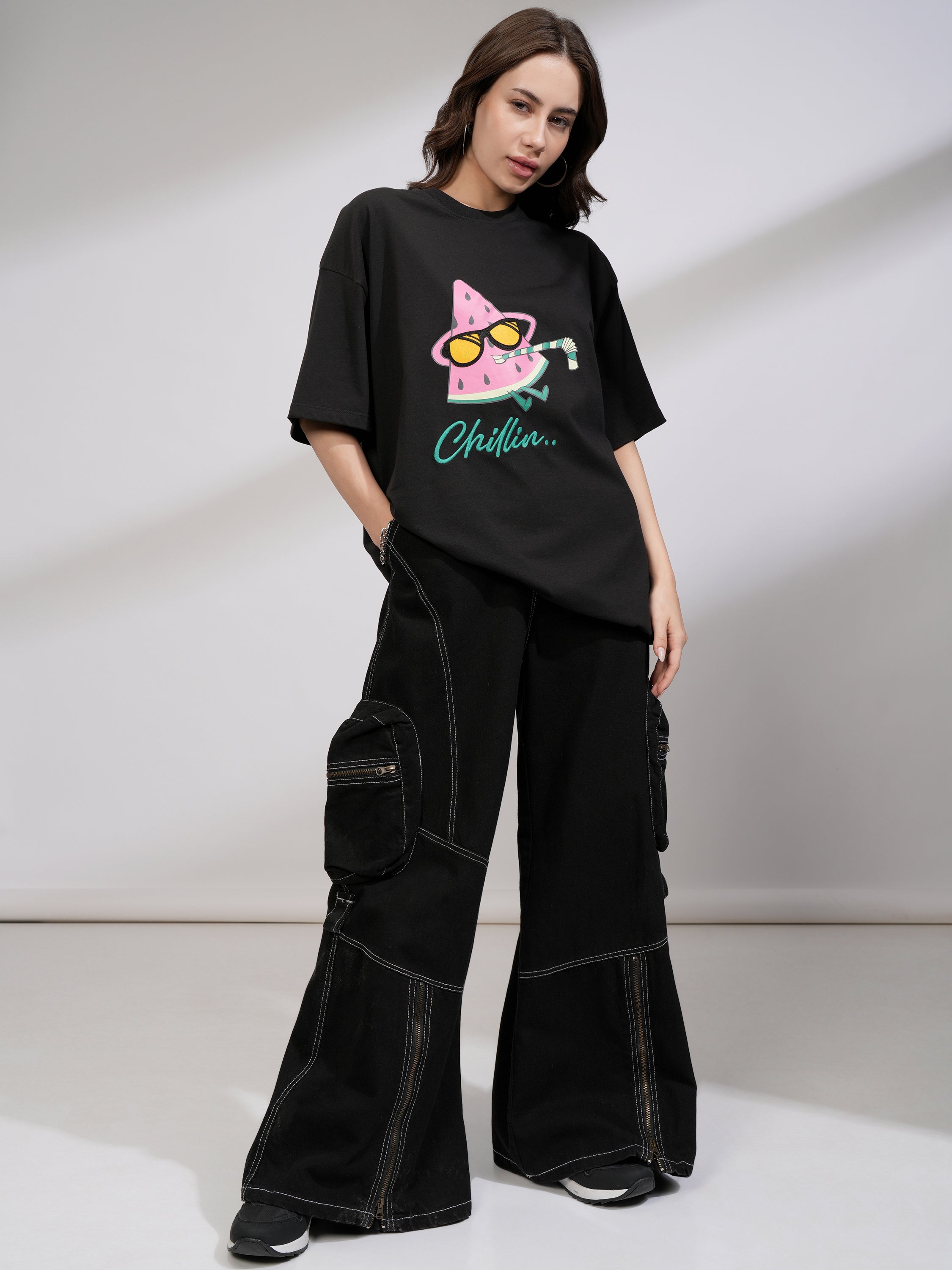 Tokyo Talkies Women Black Printed Round Neck Oversized Fit T-Shirt - Black - Image 2