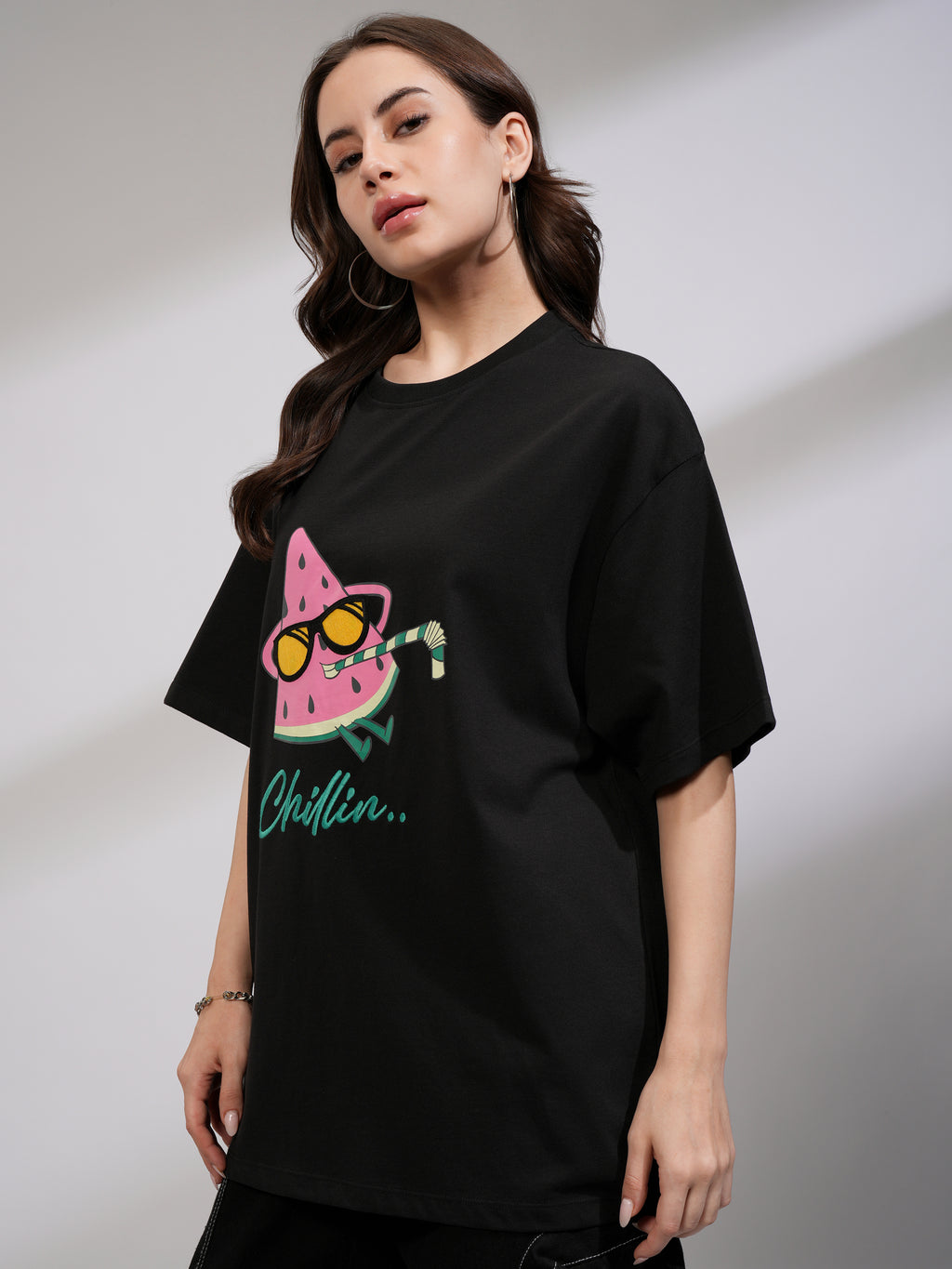 Tokyo Talkies Women Black Printed Round Neck Oversized Fit T-Shirt - Black - Image 4