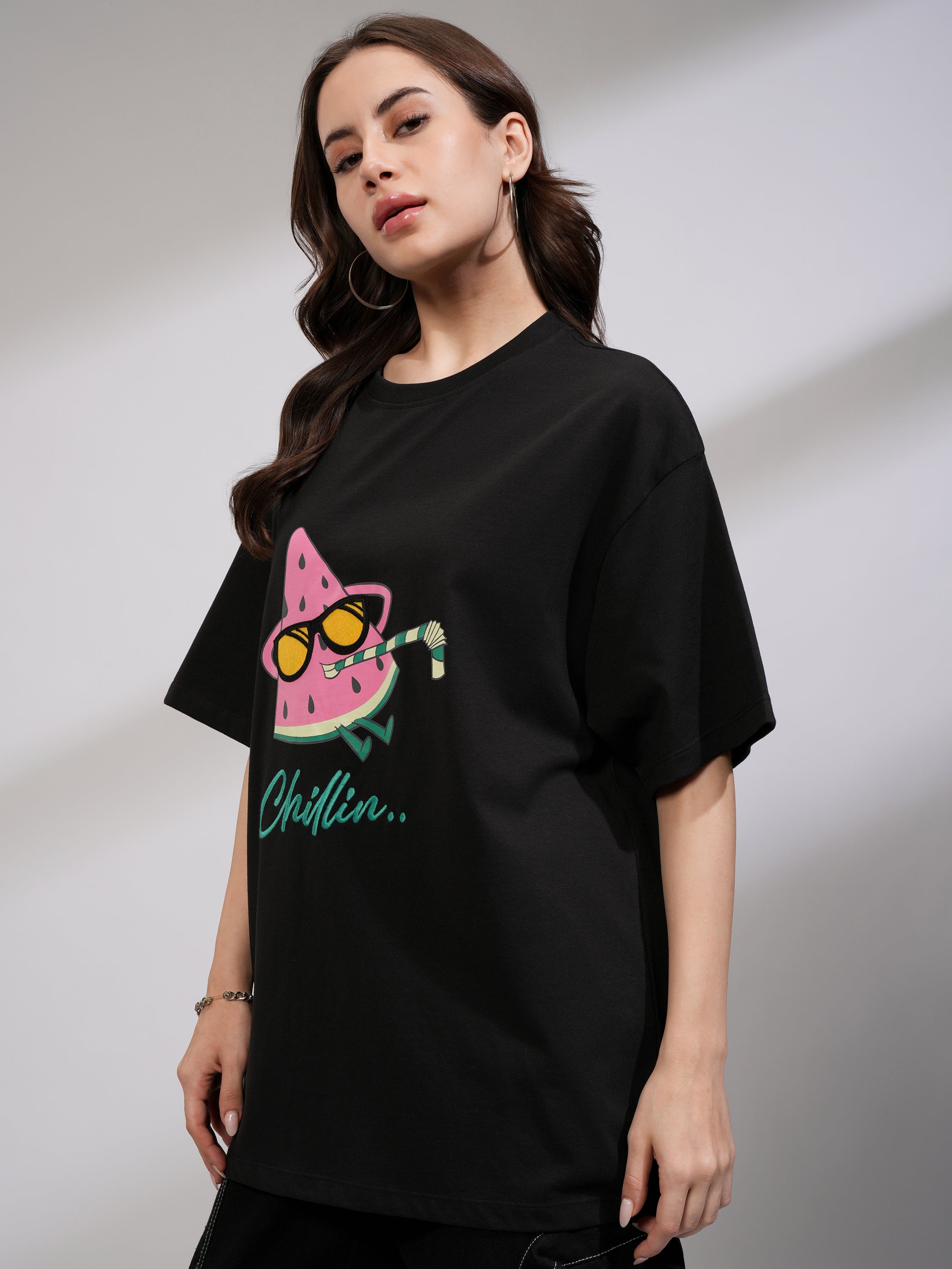 Tokyo Talkies Women Black Printed Round Neck Oversized Fit T-Shirt - Black - Image 4