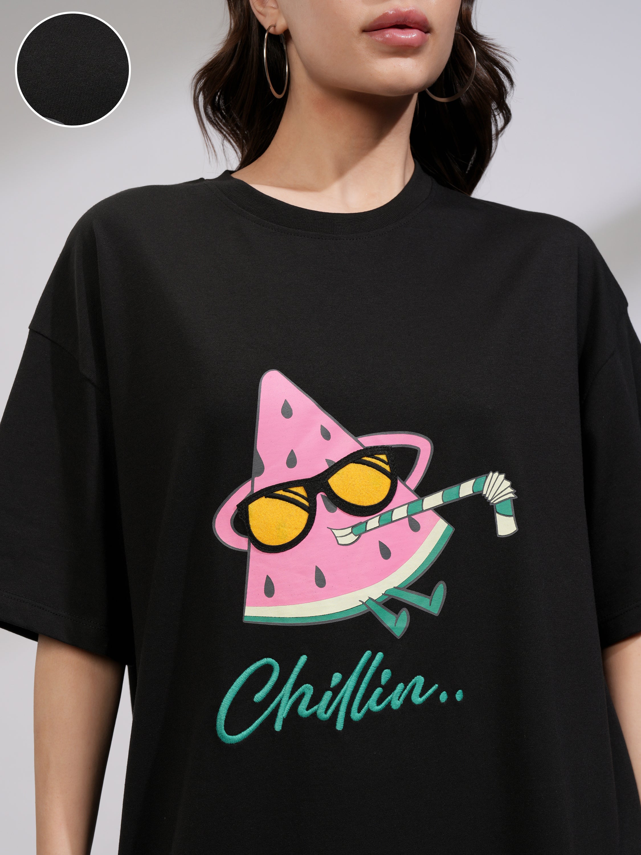 Tokyo Talkies Women Black Printed Round Neck Oversized Fit T-Shirt - Black - Image 5