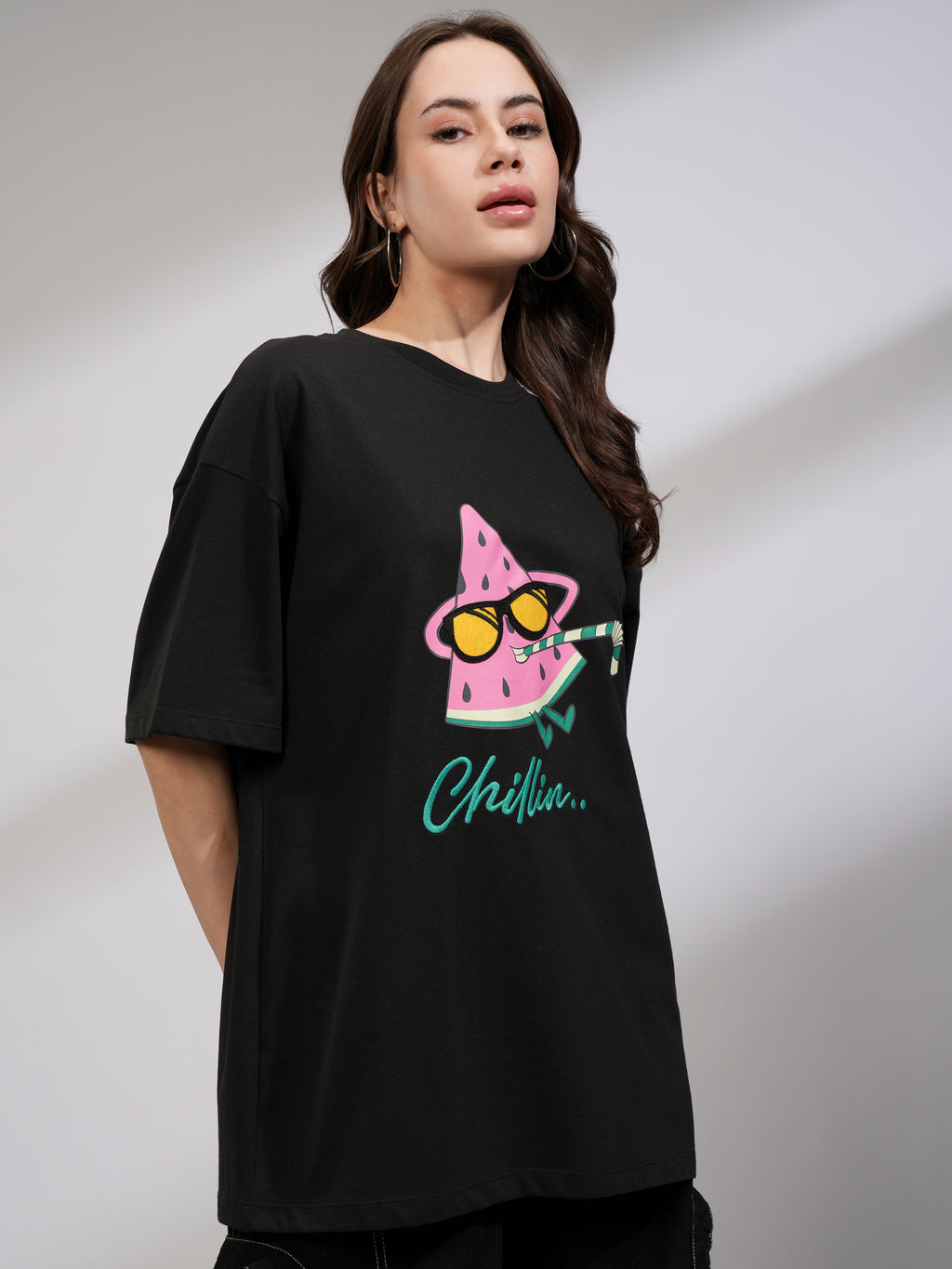 Tokyo Talkies Women Black Printed Round Neck Oversized Fit T-Shirt - Black - Image 6