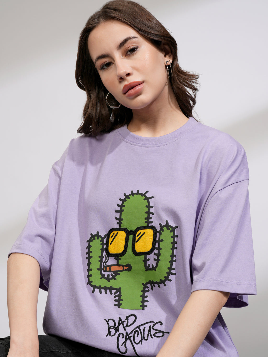 Tokyo Talkies Women Purple Printed Round Neck Oversized Fit T-Shirt - Purple - Image 1