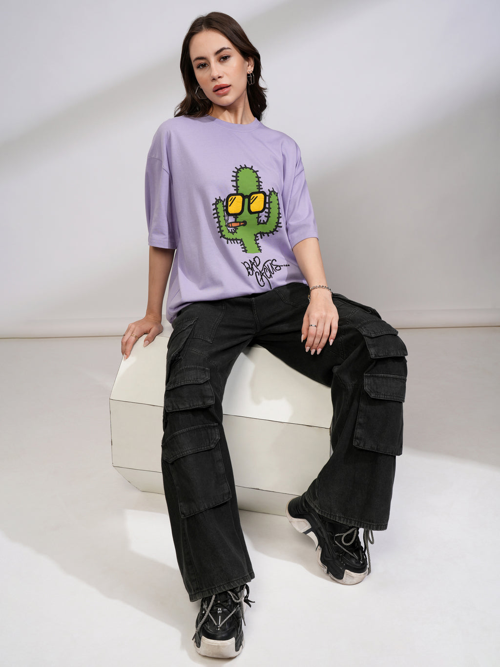 Tokyo Talkies Women Purple Printed Round Neck Oversized Fit T-Shirt - Purple - Image 2