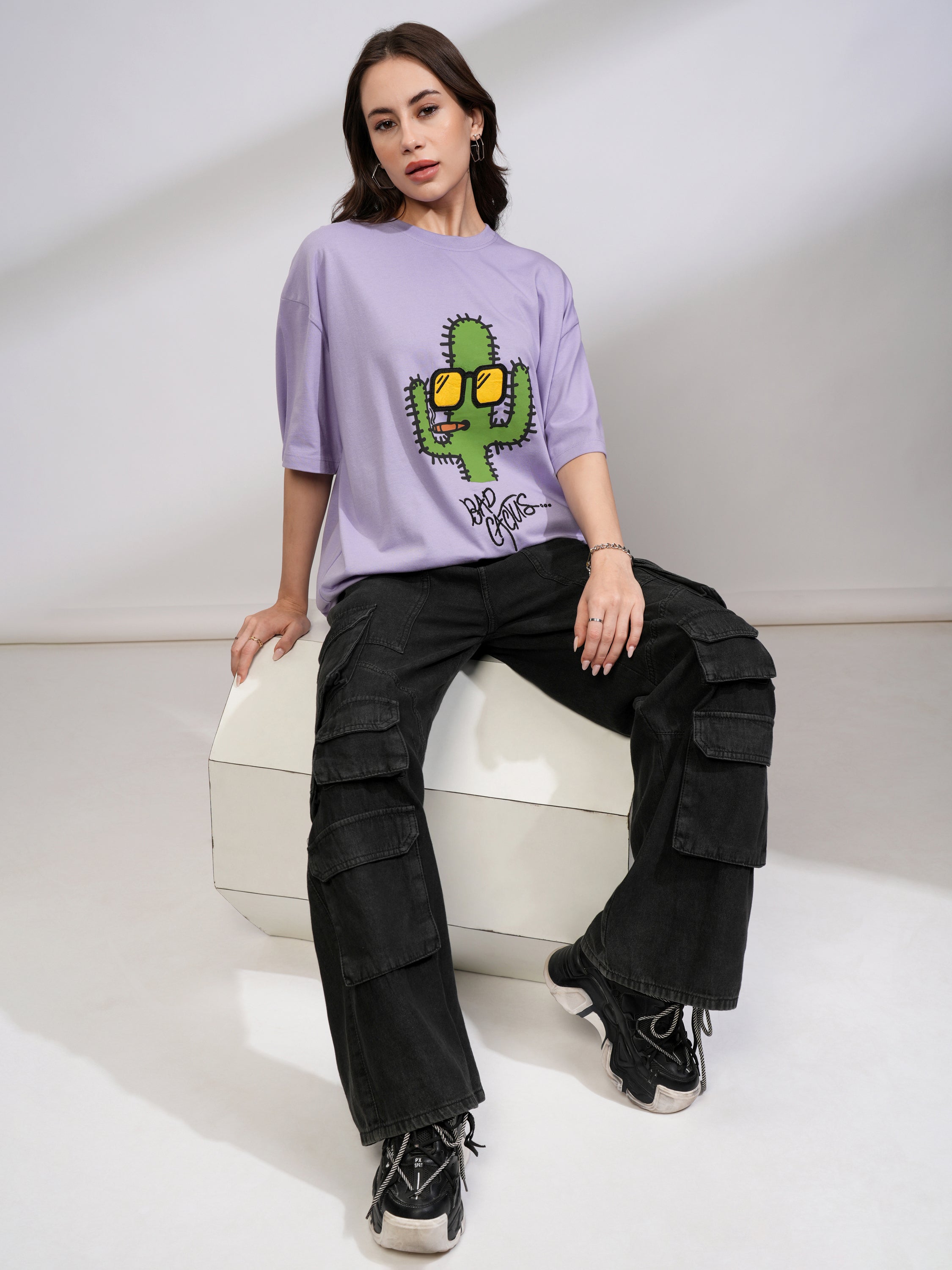 Tokyo Talkies Women Purple Printed Round Neck Oversized Fit T-Shirt - Purple - Image 2