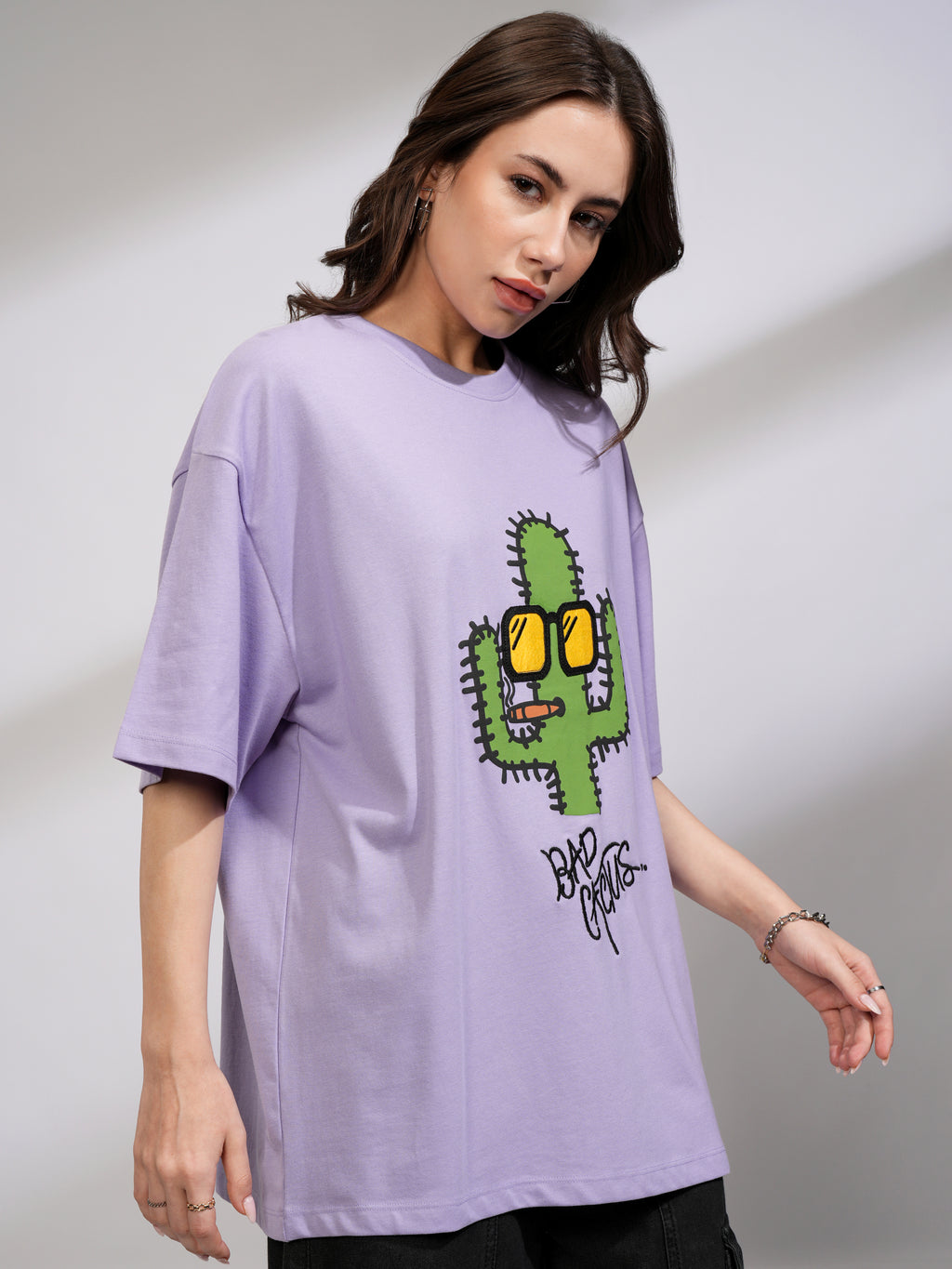 Tokyo Talkies Women Purple Printed Round Neck Oversized Fit T-Shirt - Purple - Image 6