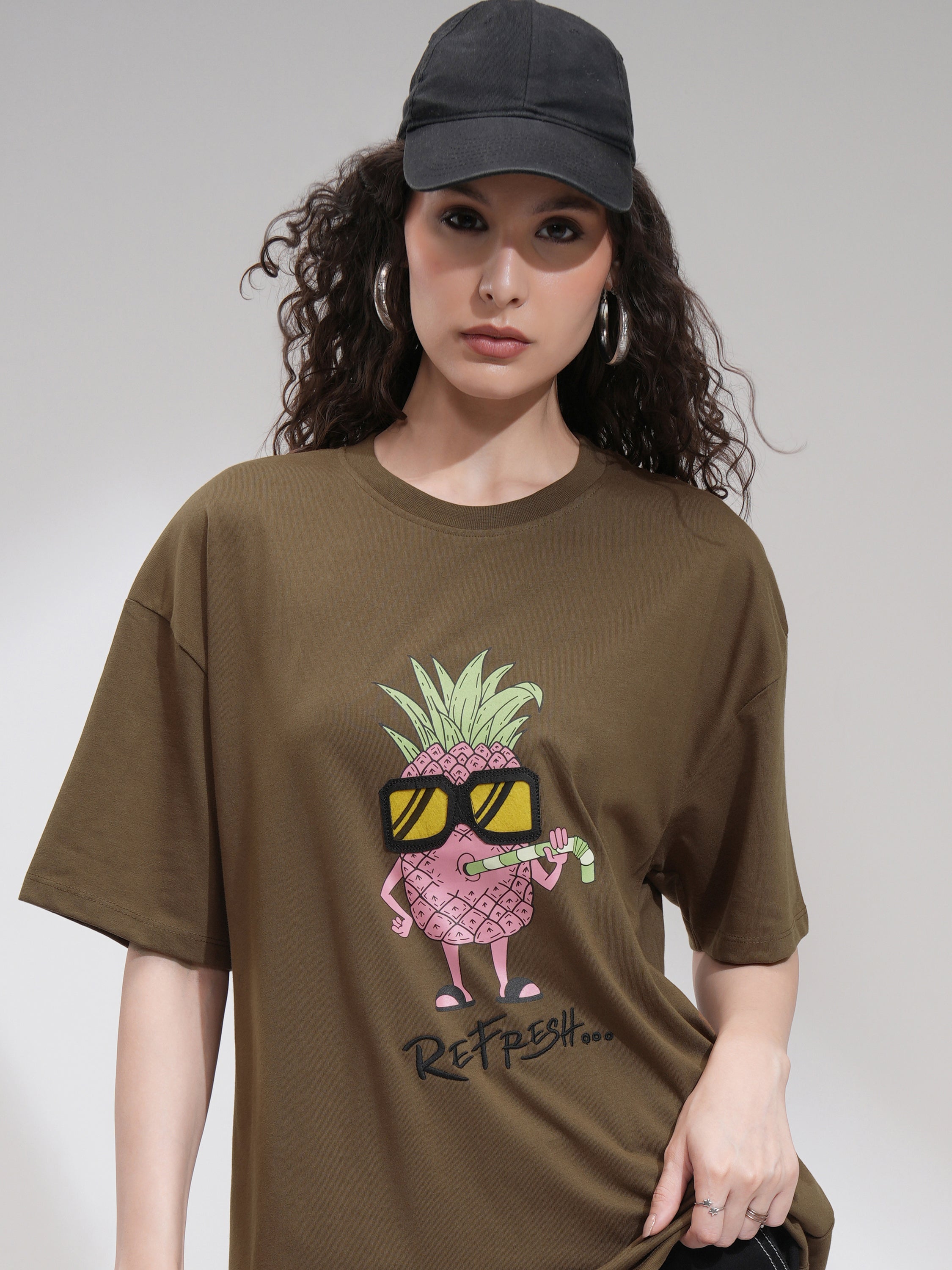 Tokyo Talkies Women Brown Printed Round Neck Oversized Fit T-Shirt - Brown - Image 1