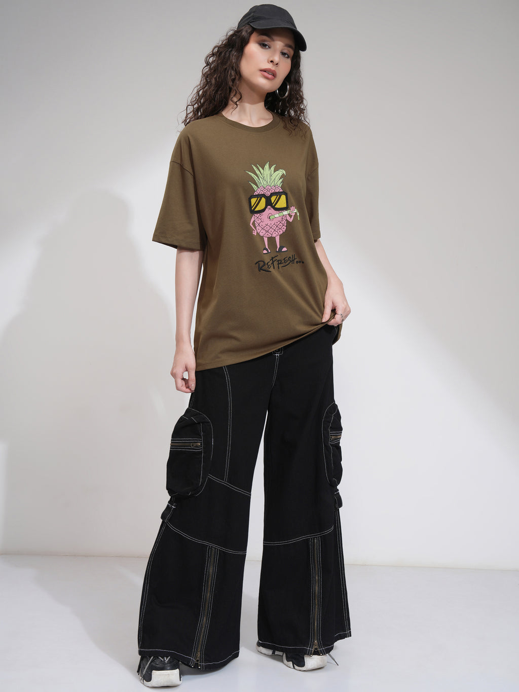 Tokyo Talkies Women Brown Printed Round Neck Oversized Fit T-Shirt - Brown - Image 2