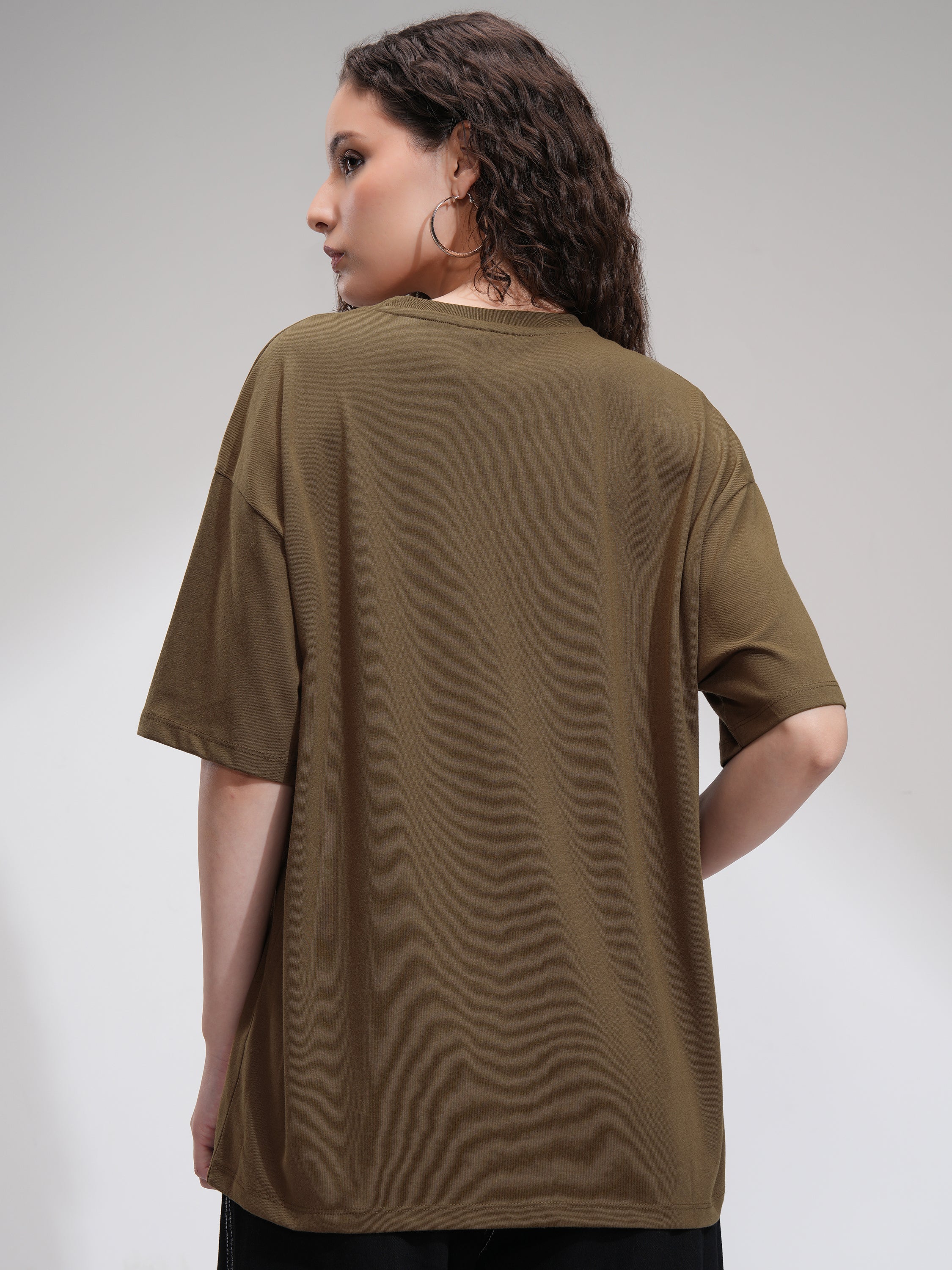 Tokyo Talkies Women Brown Printed Round Neck Oversized Fit T-Shirt - Brown - Image 3
