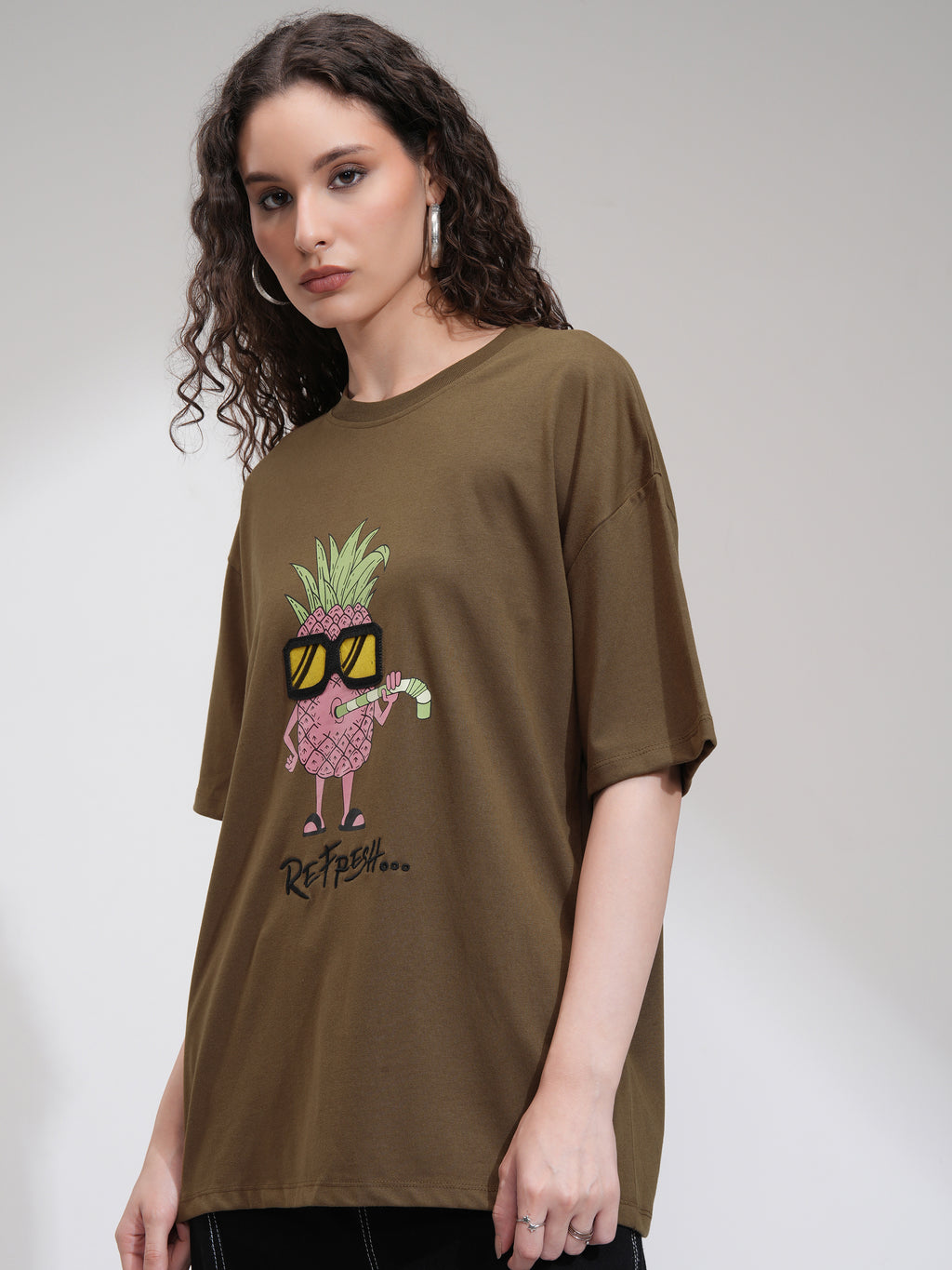 Tokyo Talkies Women Brown Printed Round Neck Oversized Fit T-Shirt - Brown - Image 4