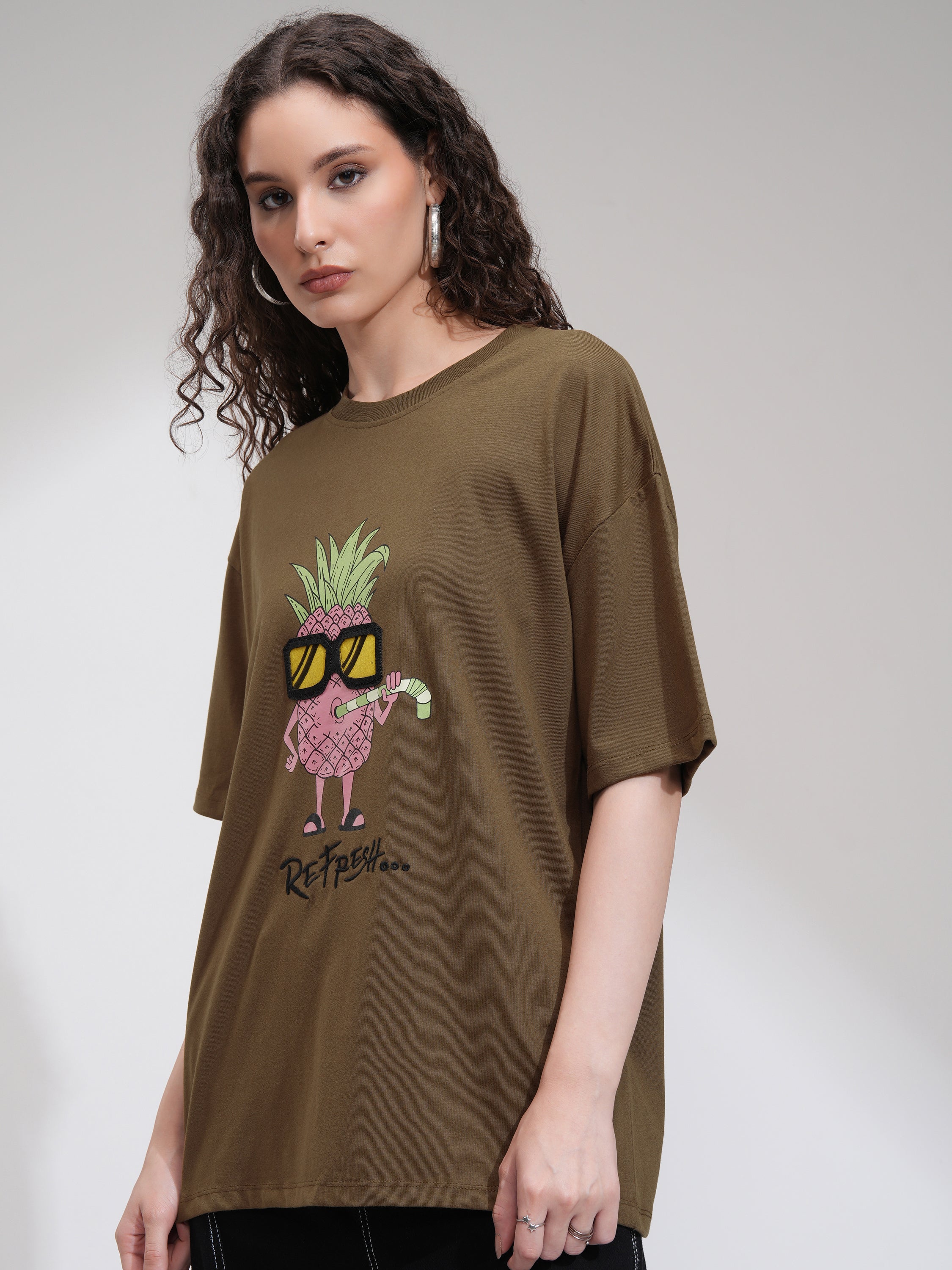 Tokyo Talkies Women Brown Printed Round Neck Oversized Fit T-Shirt - Brown - Image 4