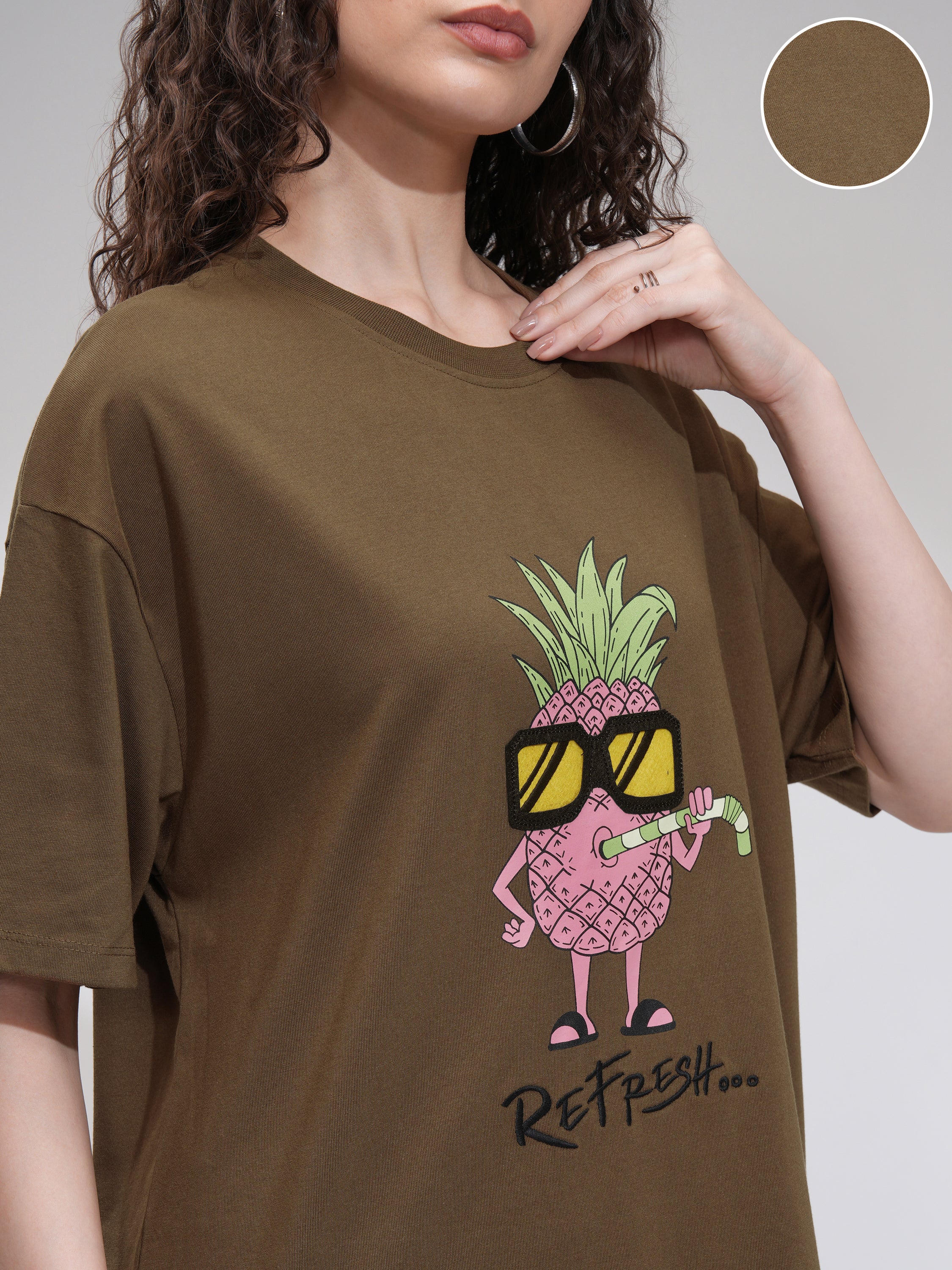 Tokyo Talkies Women Brown Printed Round Neck Oversized Fit T-Shirt - Brown - Image 5