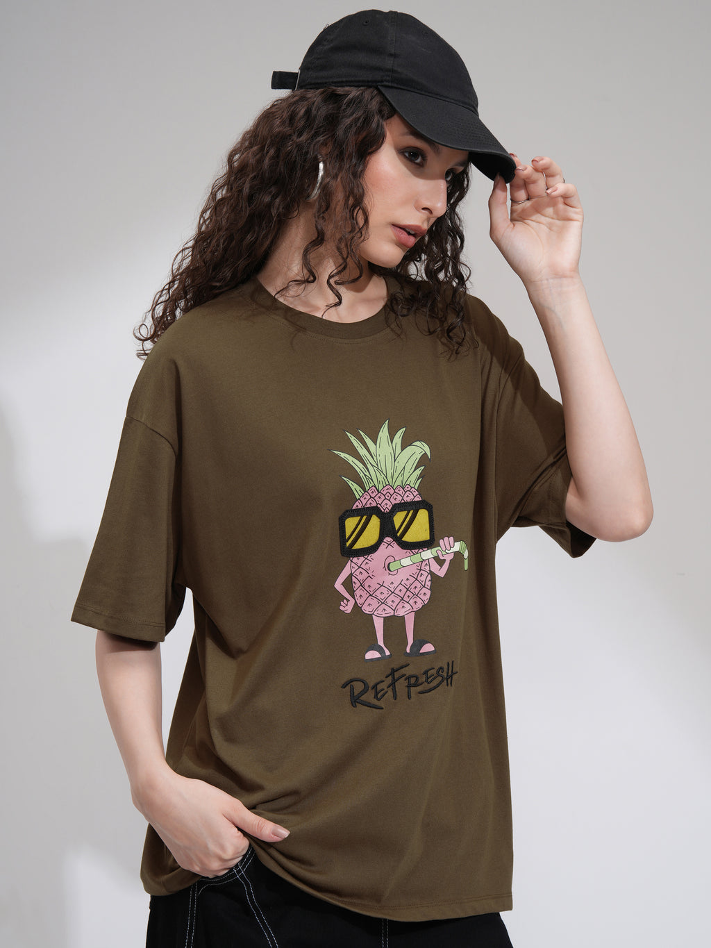 Tokyo Talkies Women Brown Printed Round Neck Oversized Fit T-Shirt - Brown - Image 6