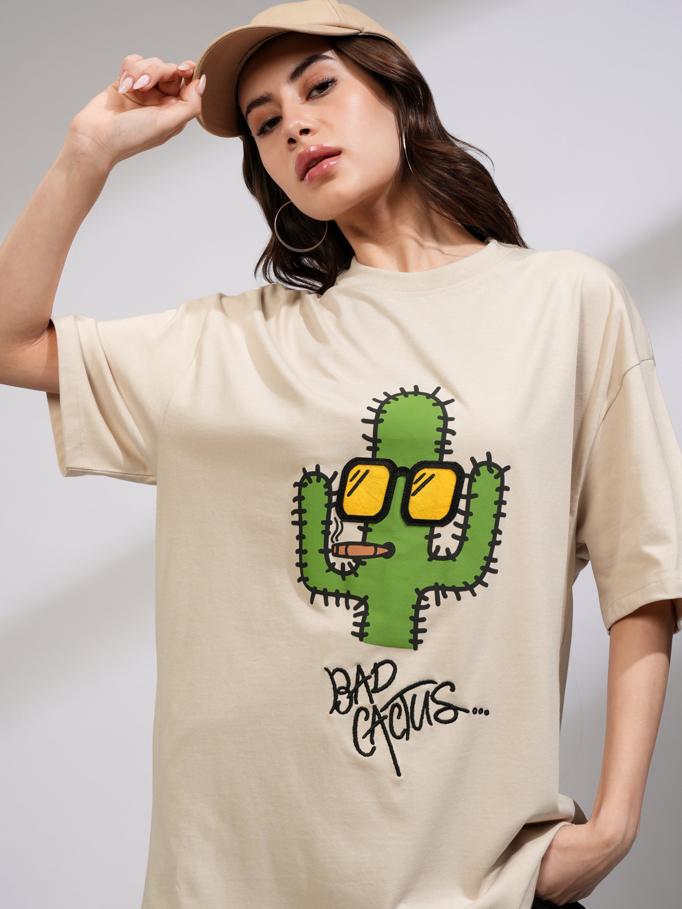 Tokyo Talkies Women Beige Printed Round Neck Oversized Fit T-Shirt - Beige - Image 1