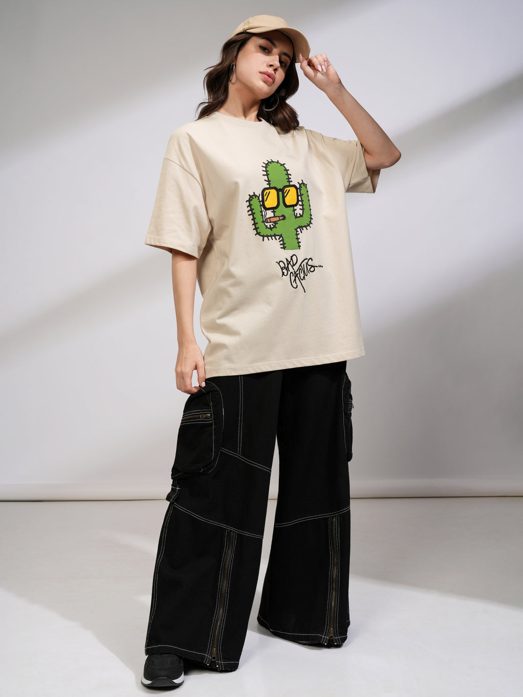 Tokyo Talkies Women Beige Printed Round Neck Oversized Fit T-Shirt - Beige - Image 2