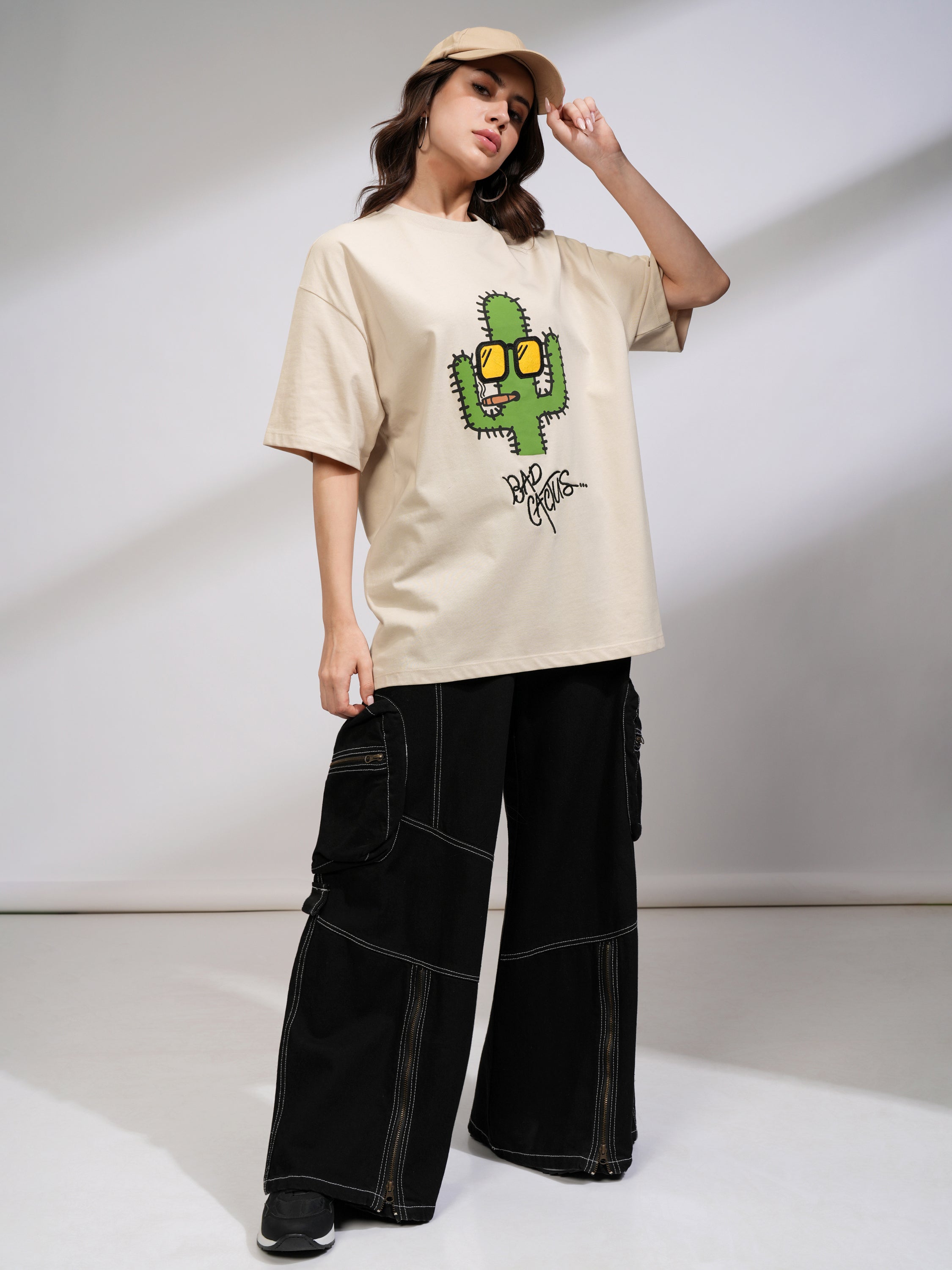 Tokyo Talkies Women Beige Printed Round Neck Oversized Fit T-Shirt - Beige - Image 2