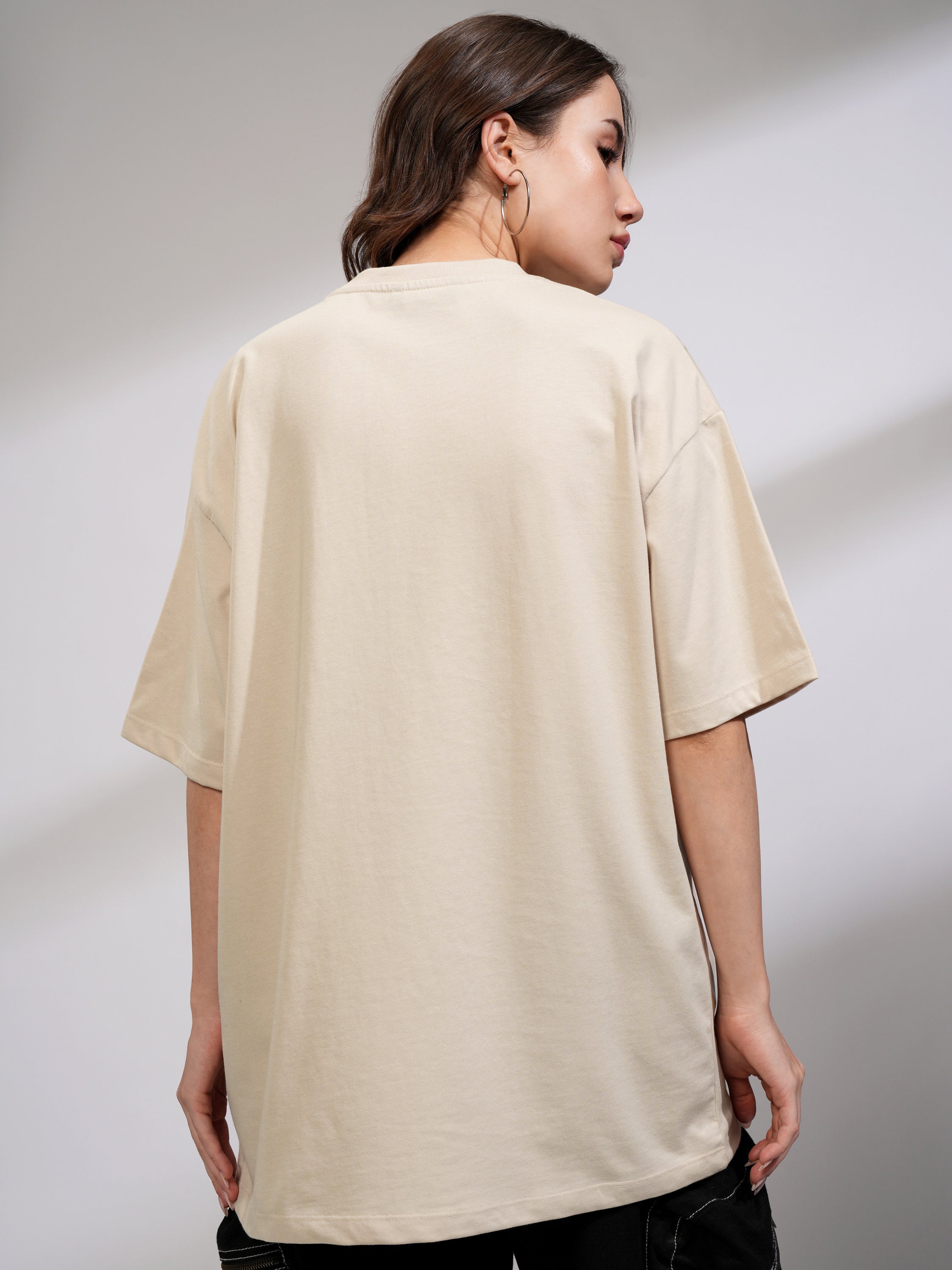 Tokyo Talkies Women Beige Printed Round Neck Oversized Fit T-Shirt - Beige - Image 3