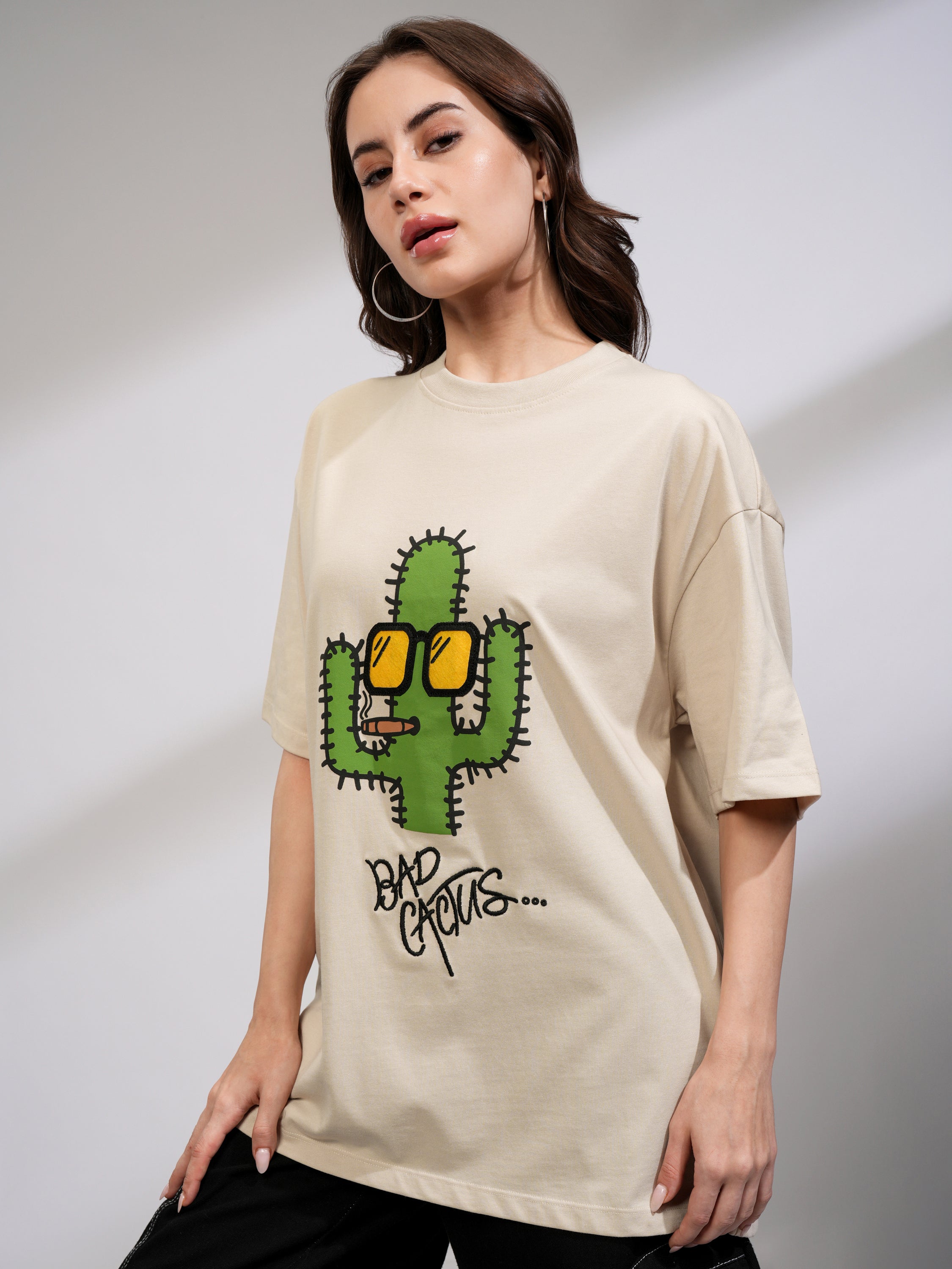 Tokyo Talkies Women Beige Printed Round Neck Oversized Fit T-Shirt - Beige - Image 4