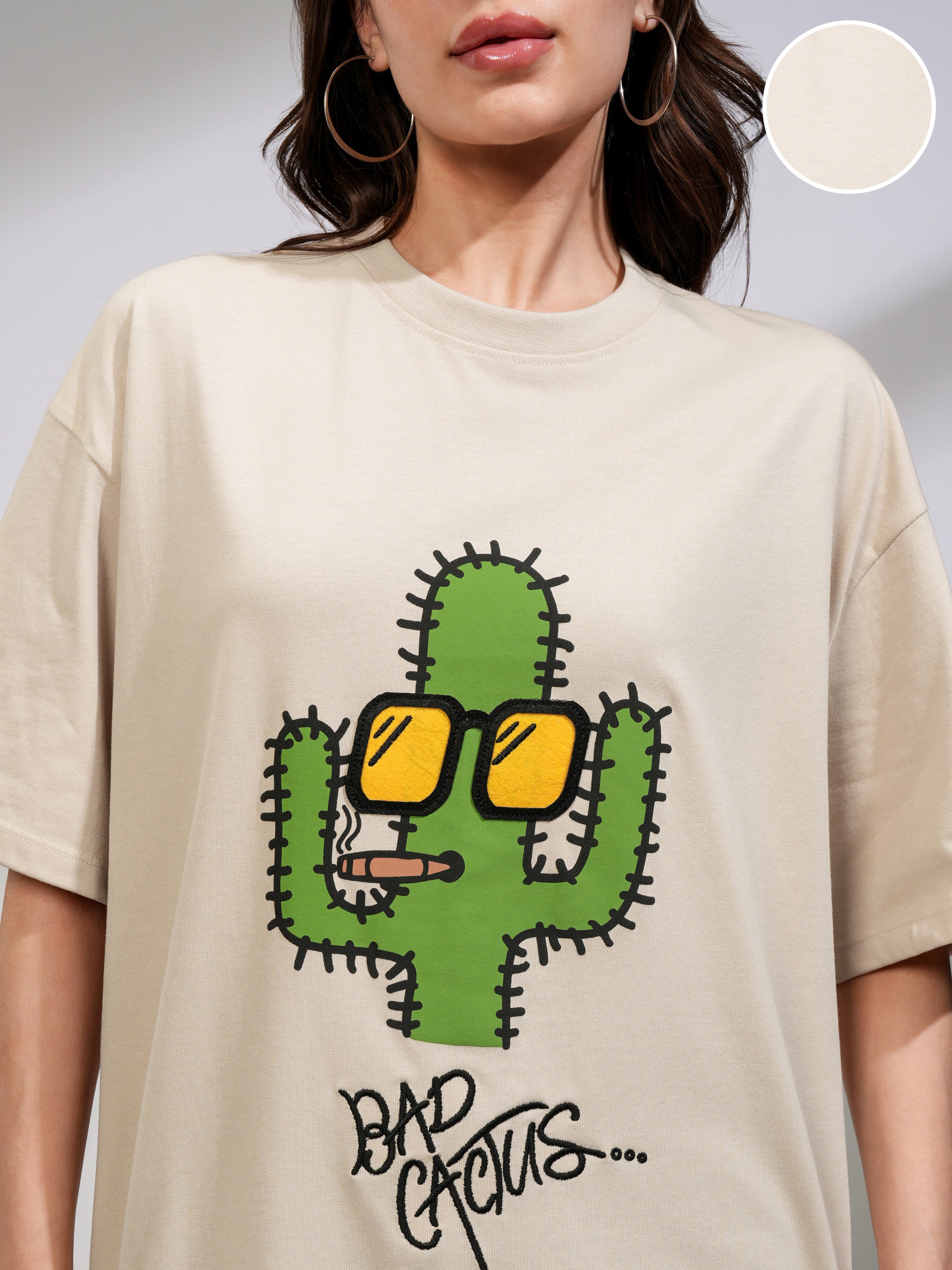 Tokyo Talkies Women Beige Printed Round Neck Oversized Fit T-Shirt - Beige - Image 5