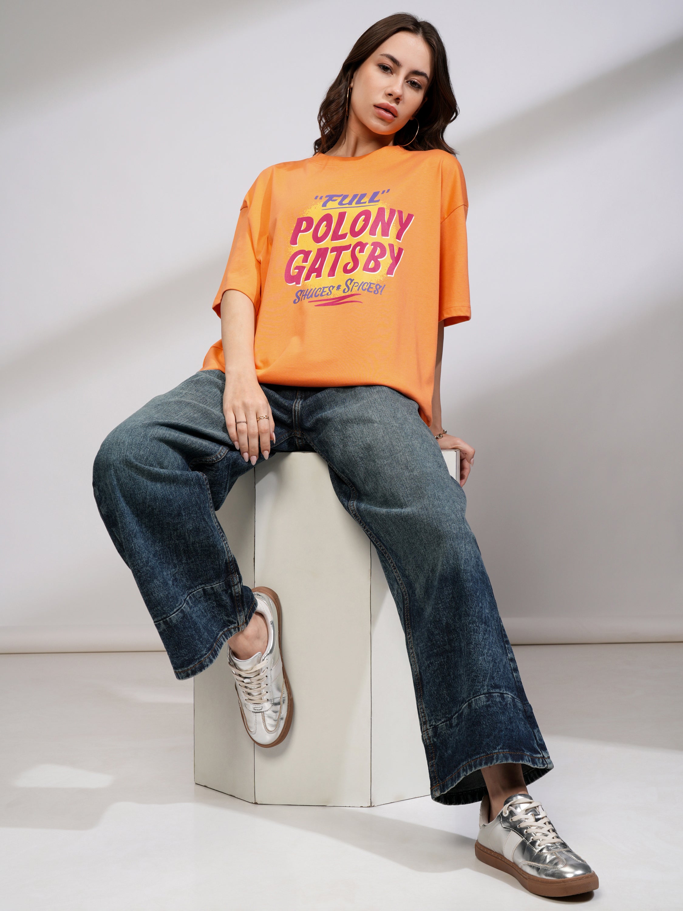 Tokyo Talkies Women Orange Printed Round Neck Oversized Fit T-Shirt - Orange - Image 2