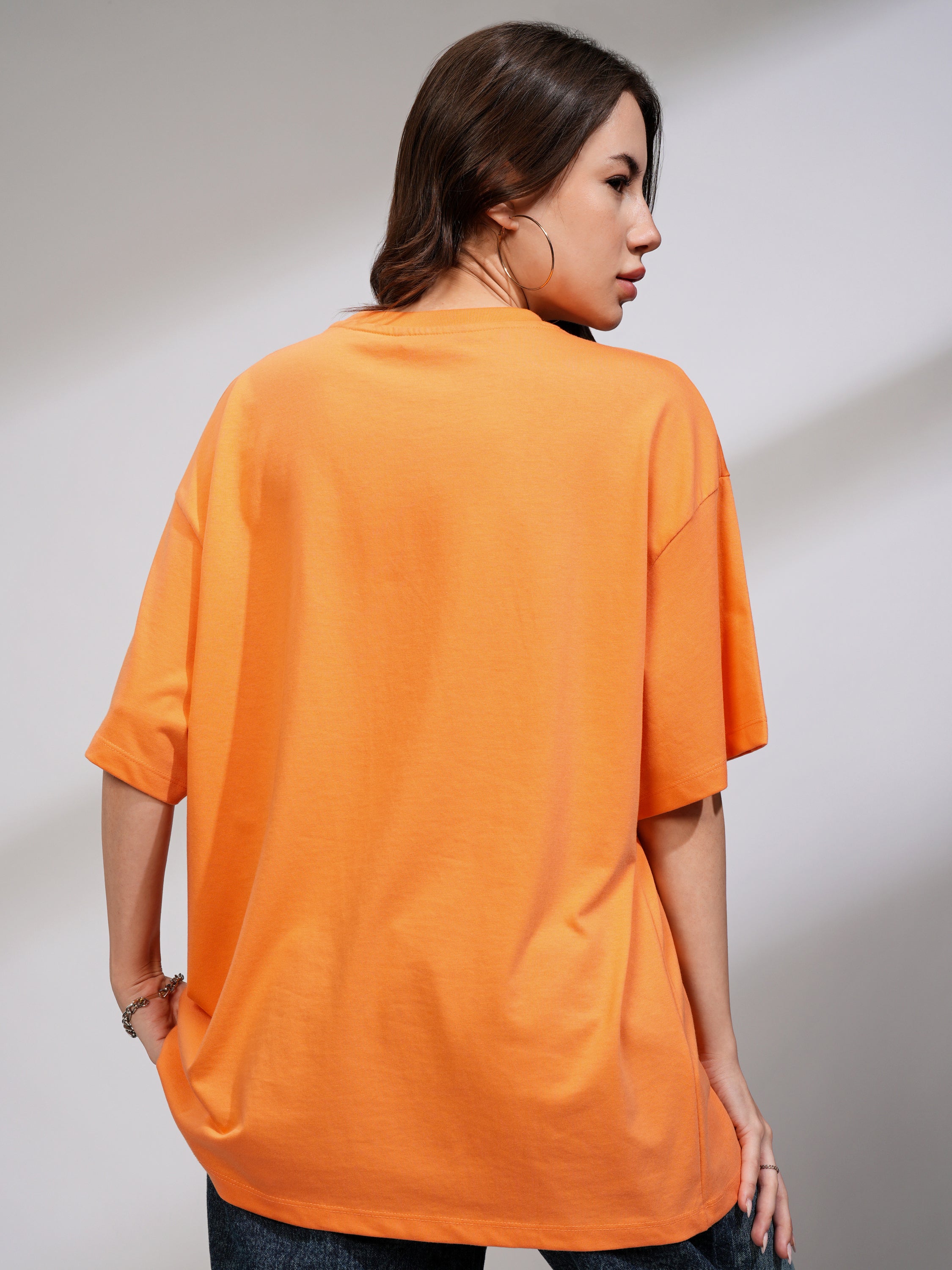 Tokyo Talkies Women Orange Printed Round Neck Oversized Fit T-Shirt - Orange - Image 3
