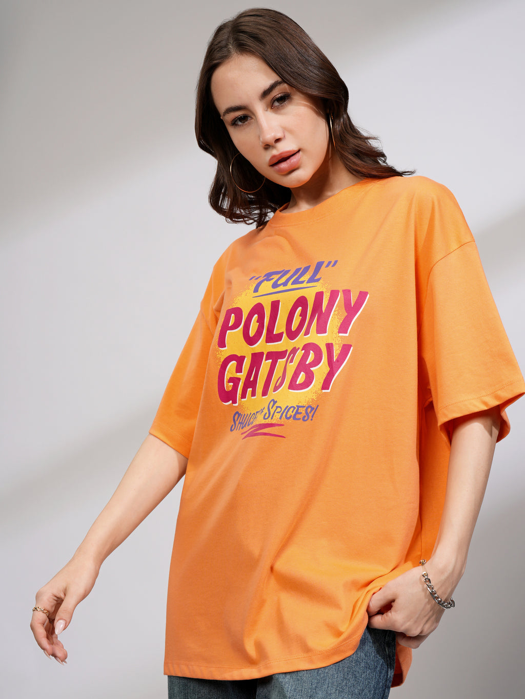 Tokyo Talkies Women Orange Printed Round Neck Oversized Fit T-Shirt - Orange - Image 4