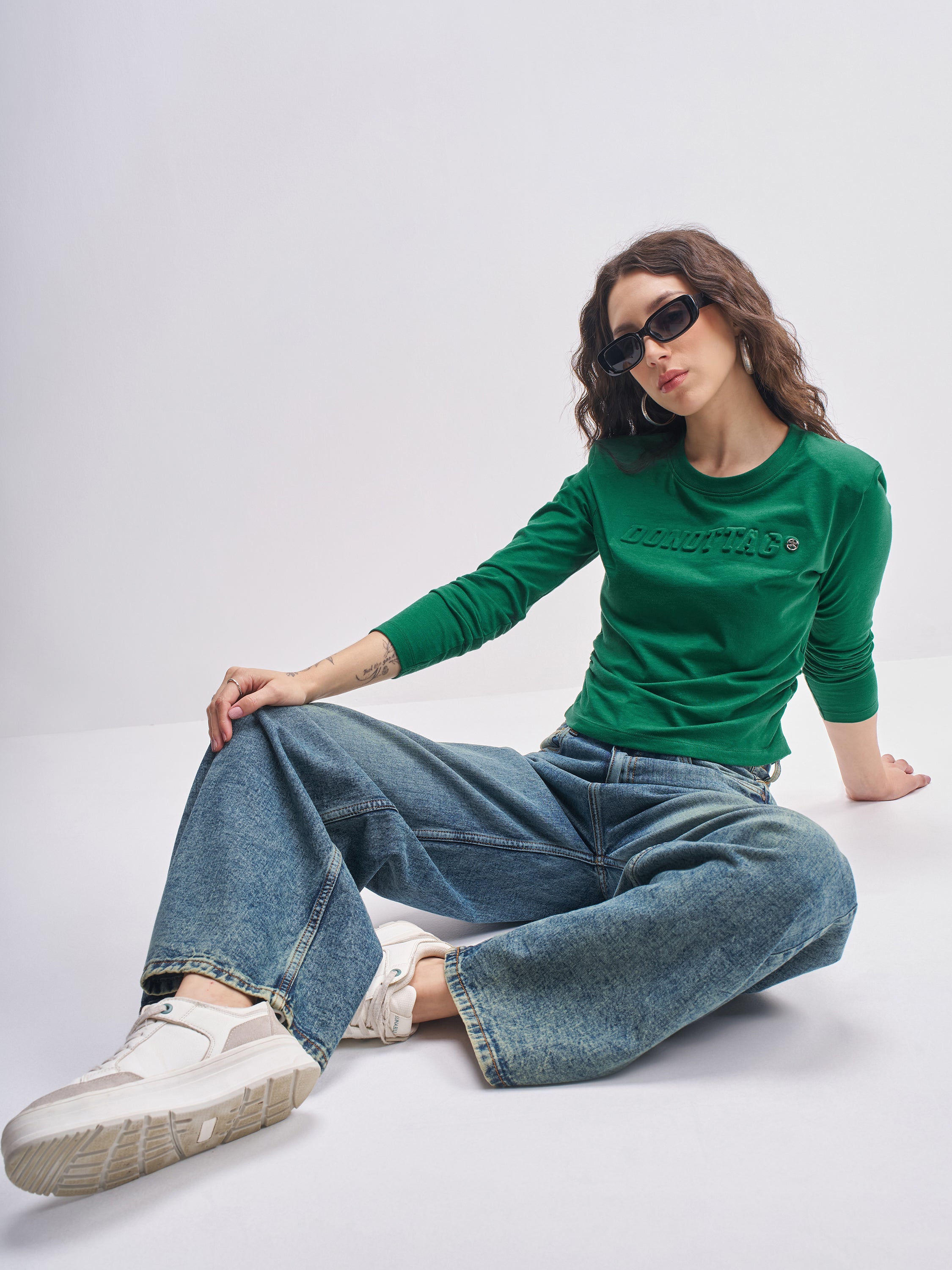 Tokyo Talkies Women Green Self Design Round Neck Oversized Fit T-Shirt - Green - Image 2