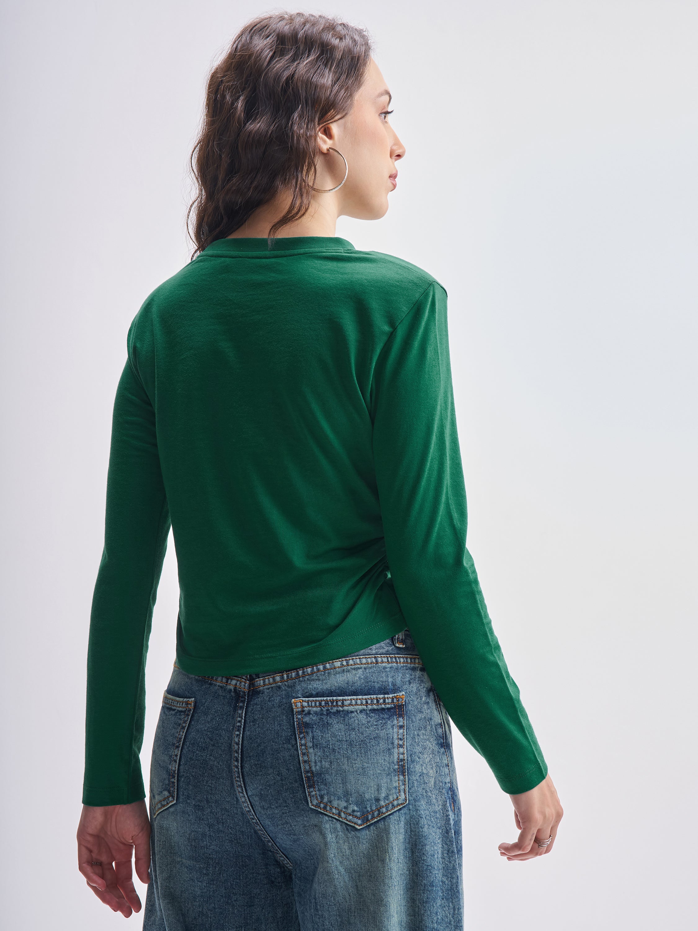 Tokyo Talkies Women Green Self Design Round Neck Oversized Fit T-Shirt - Green - Image 3