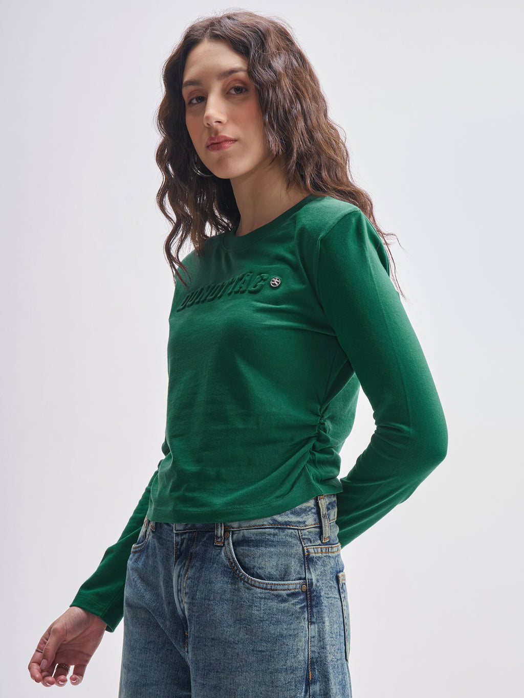Tokyo Talkies Women Green Self Design Round Neck Oversized Fit T-Shirt - Green - Image 4
