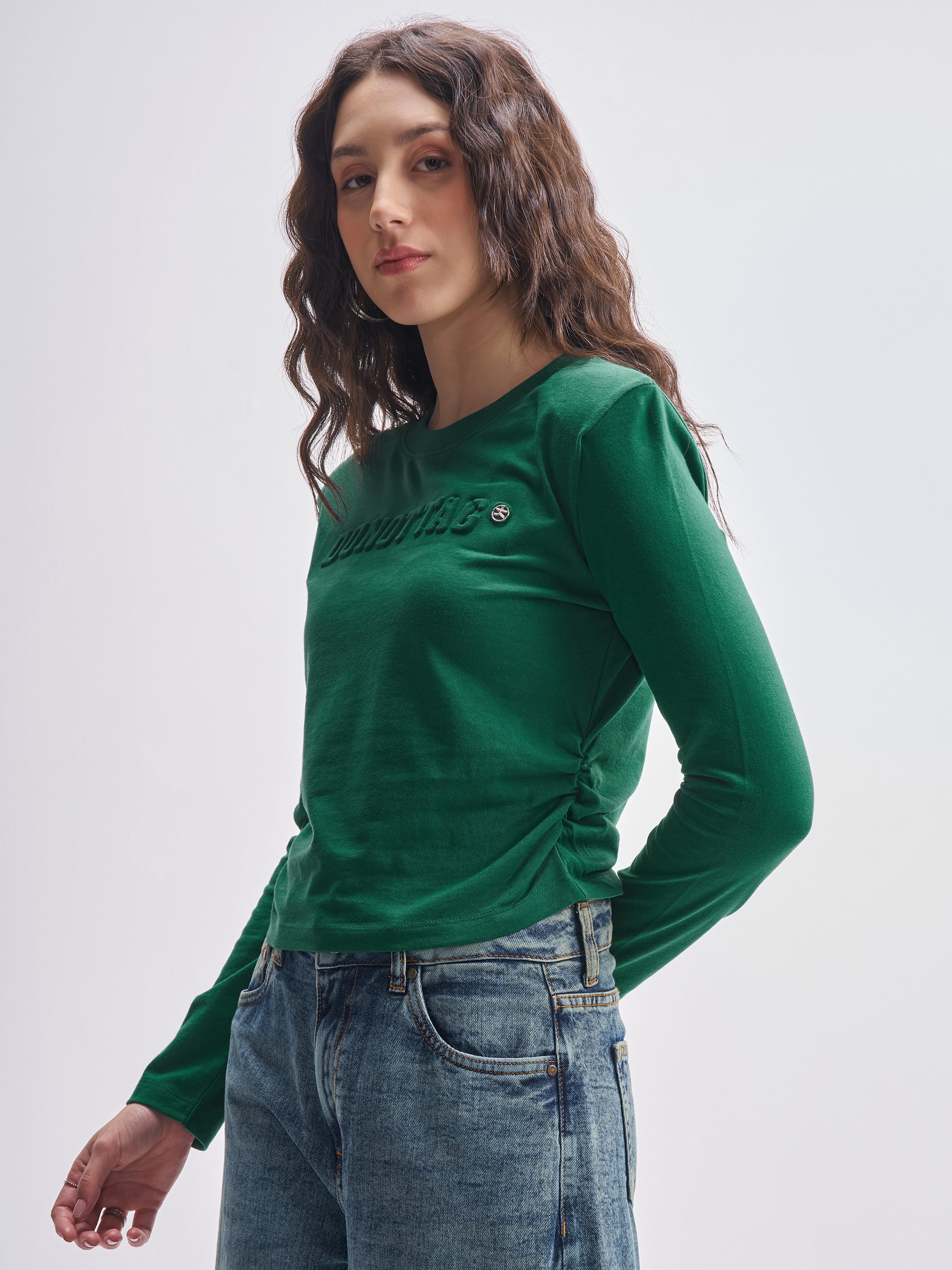 Tokyo Talkies Women Green Self Design Round Neck Oversized Fit T-Shirt - Green - Image 4