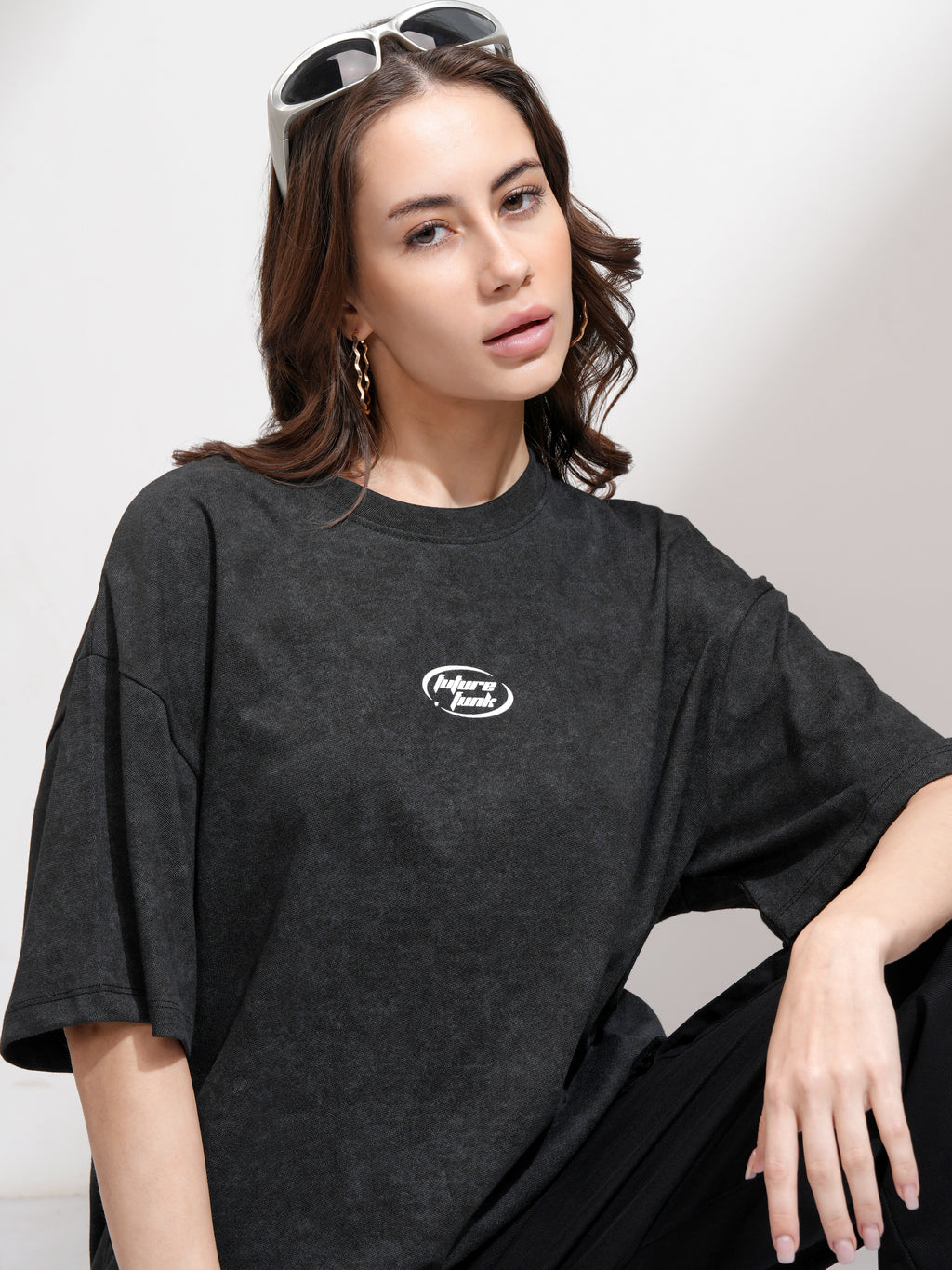 Tokyo Talkies Women Black Printed Round Neck Oversized Fit T-Shirt - Black - Image 1